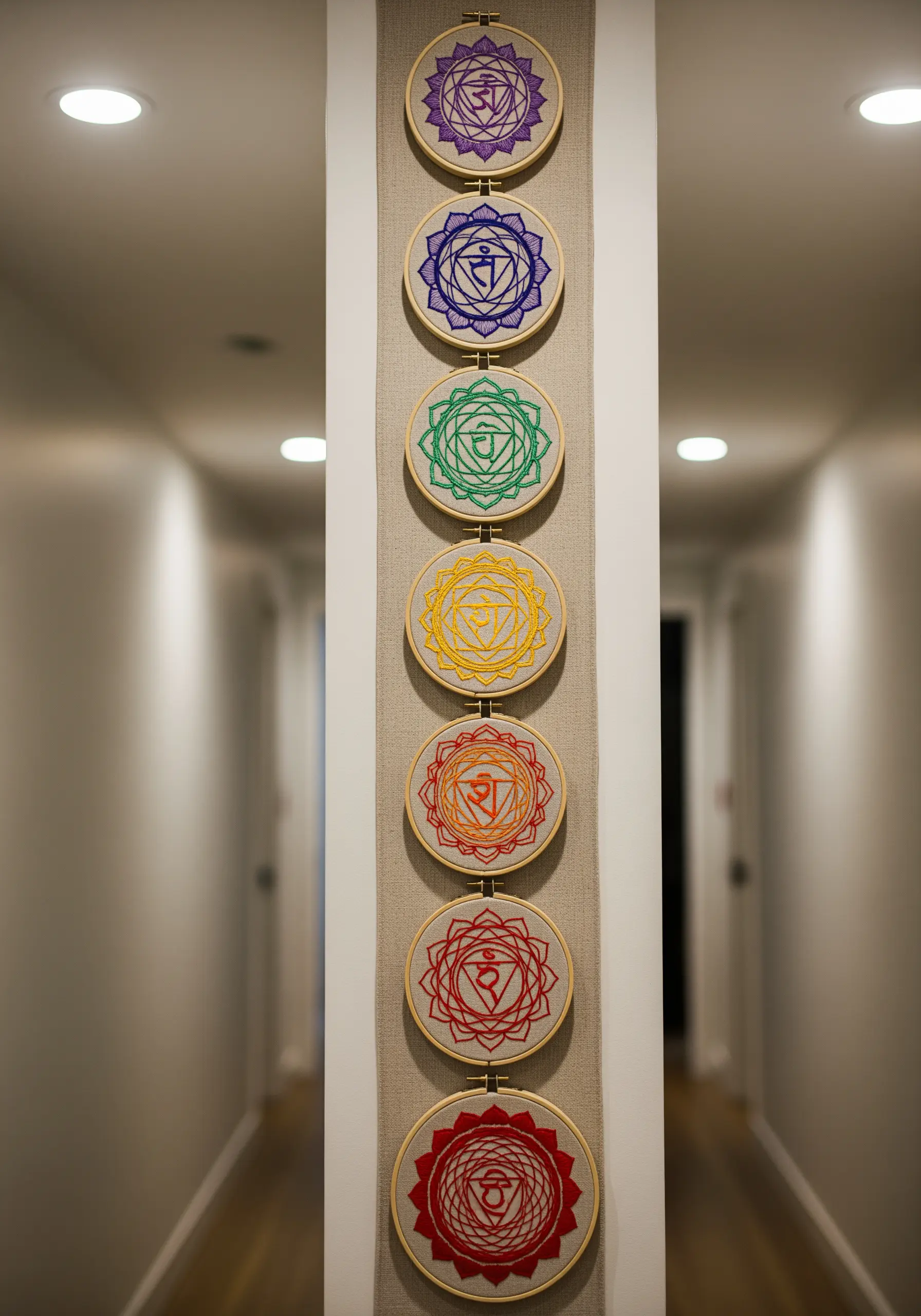 A vertical hanging of seven embroidery hoops, each with a different colored chakra symbol.