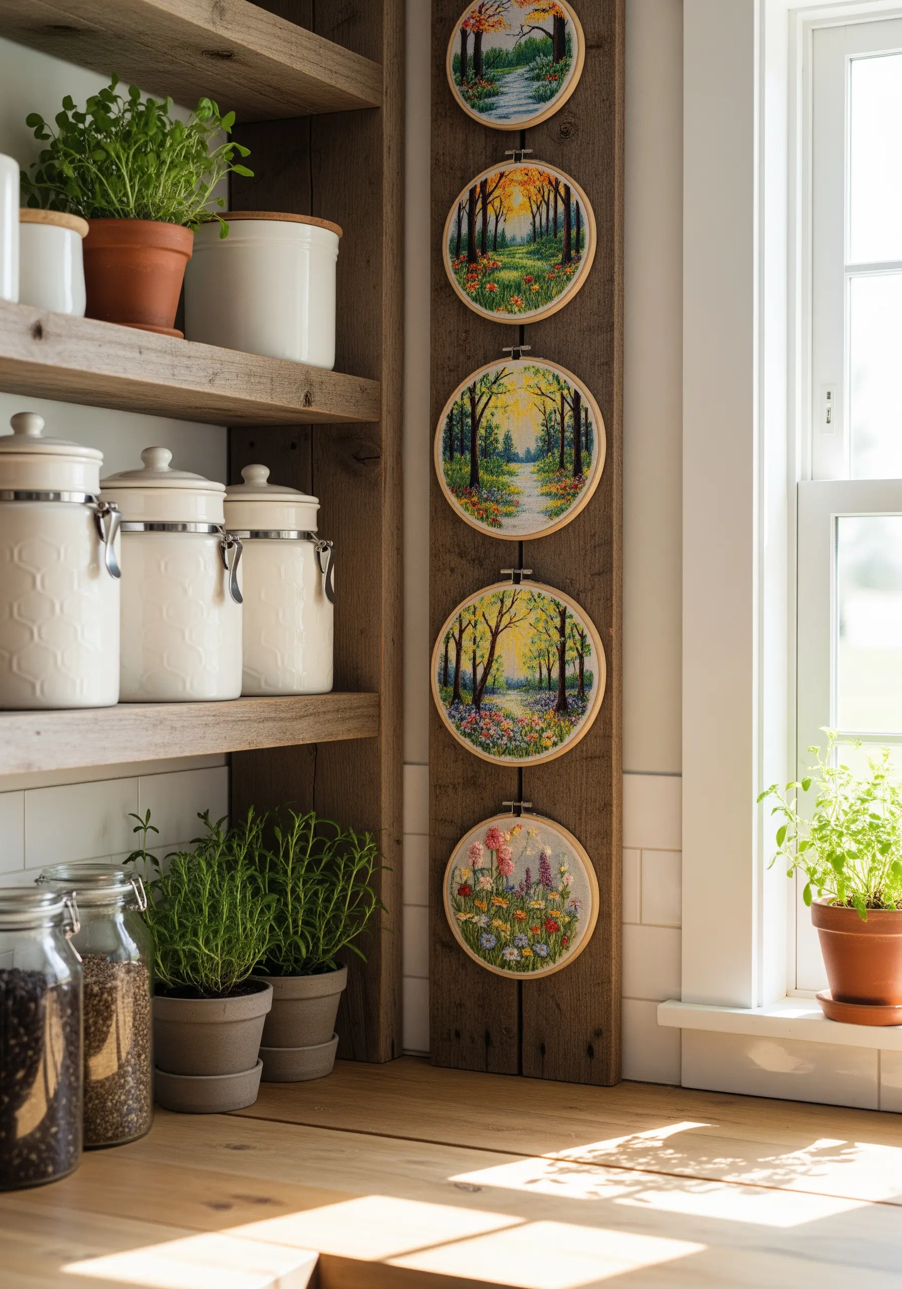 A vertical series of five embroidered forest landscapes mounted on a wooden plank.