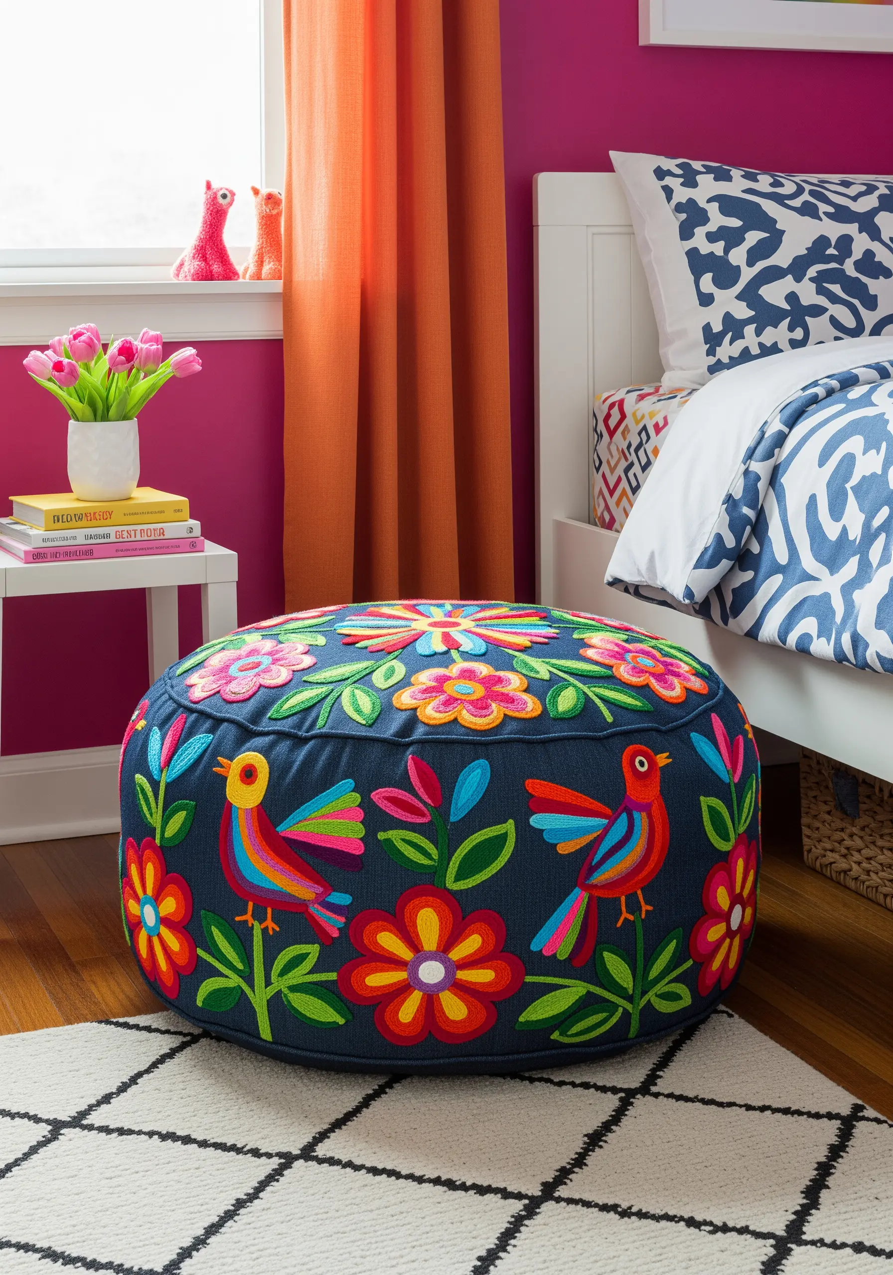 A colorful embroidered floor pouf with vibrant folk-art style birds and flowers.