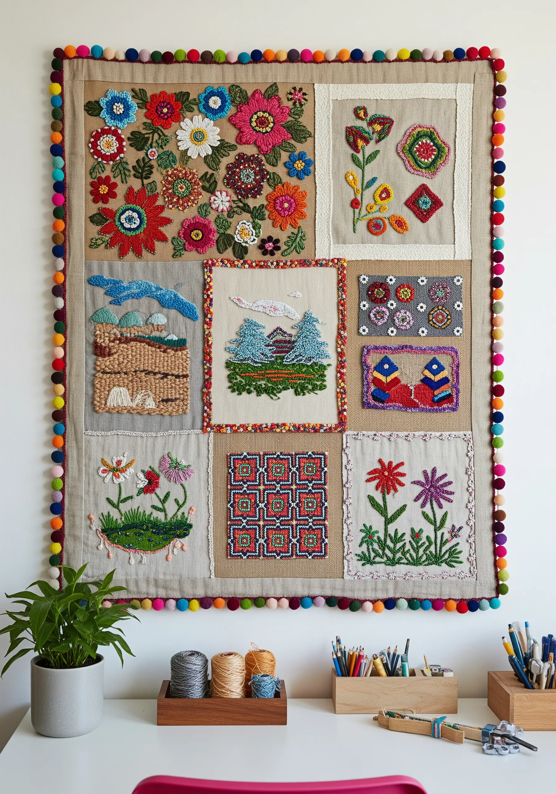 A sampler-style textile wall hanging with different blocks of embroidery, weaving, and beading.