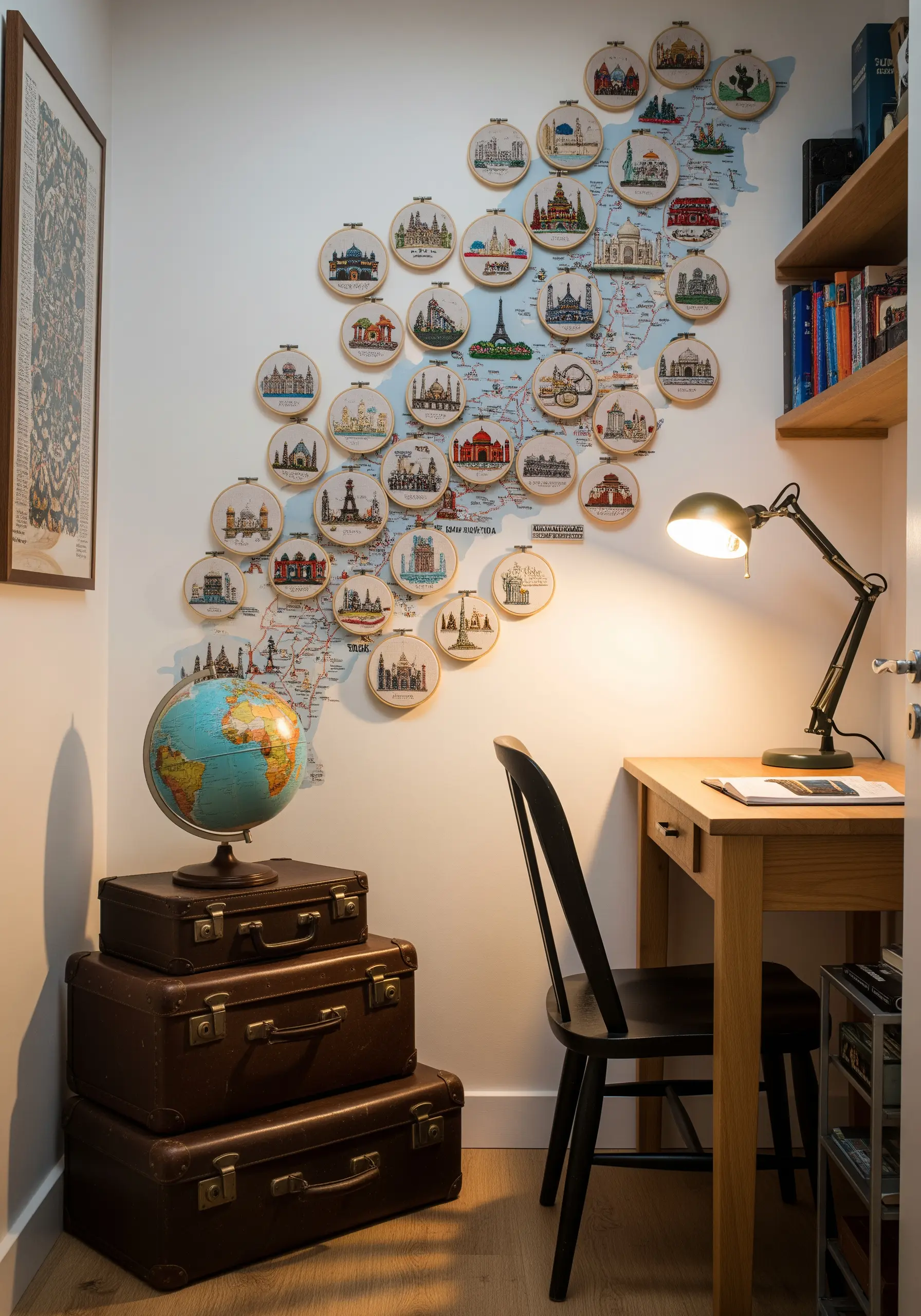 A collection of micro-hoops showing world landmarks arranged over a world map on the wall.