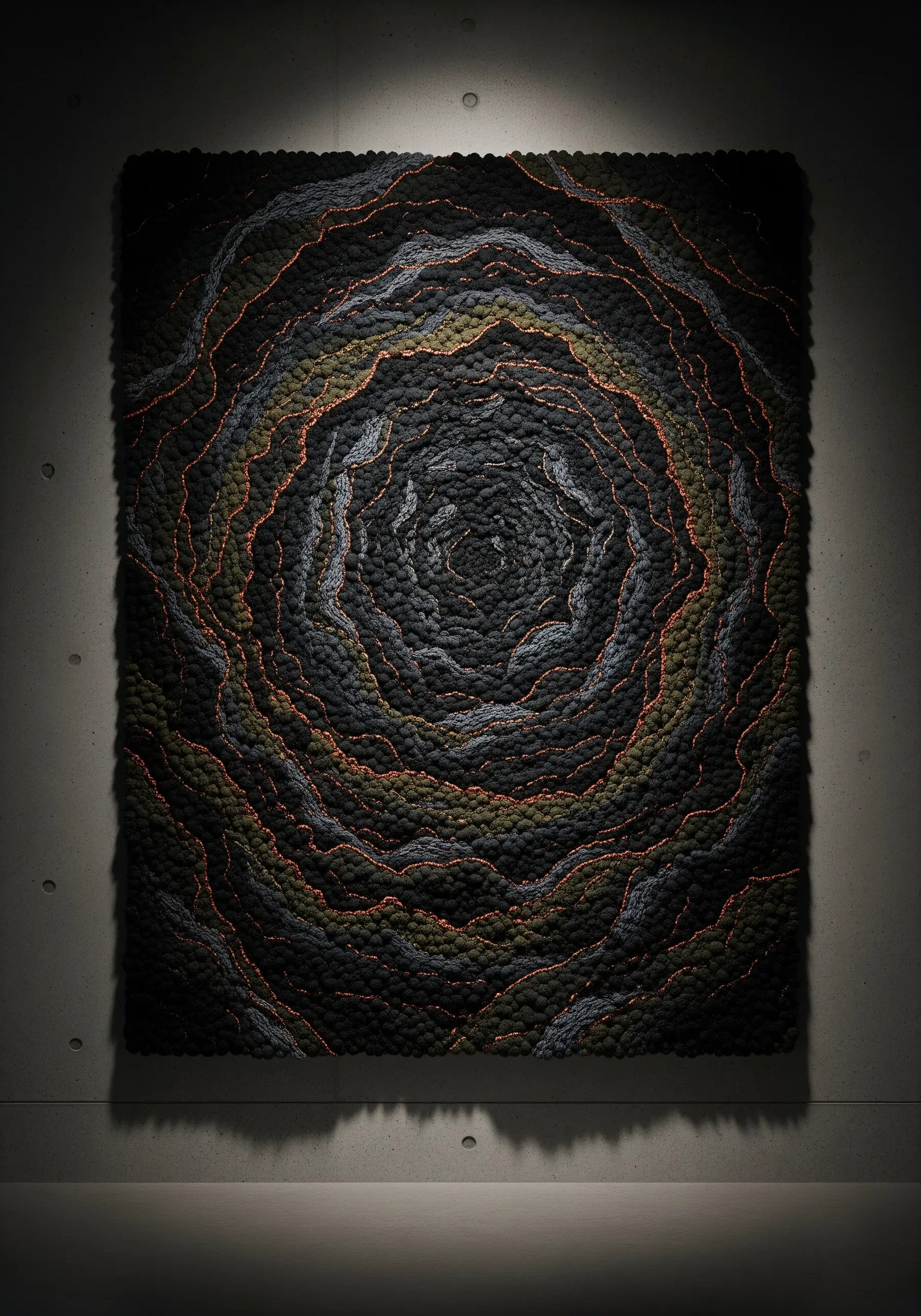 A dark, square tapestry with a swirling, concentric pattern of textured embroidery in dark tones.