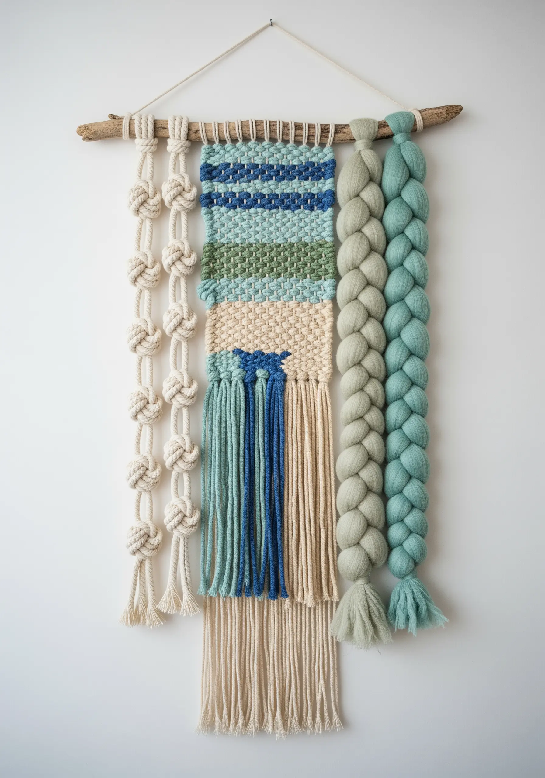 A mixed-fiber wall hanging on driftwood, featuring macrame knots, weaving, and a thick braid.