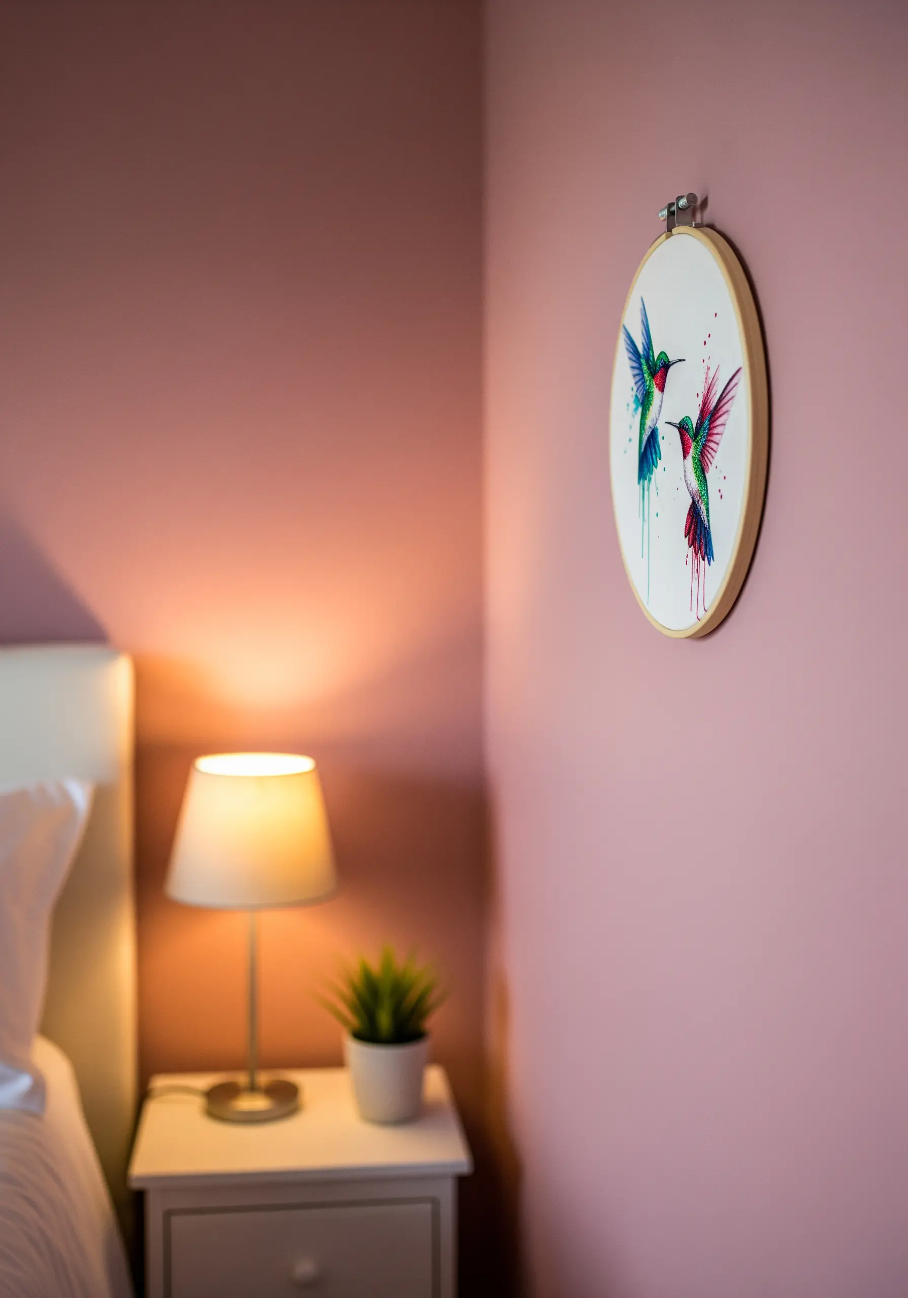 A single embroidery hoop with two watercolor-style hummingbirds on a dusty rose bedroom wall.