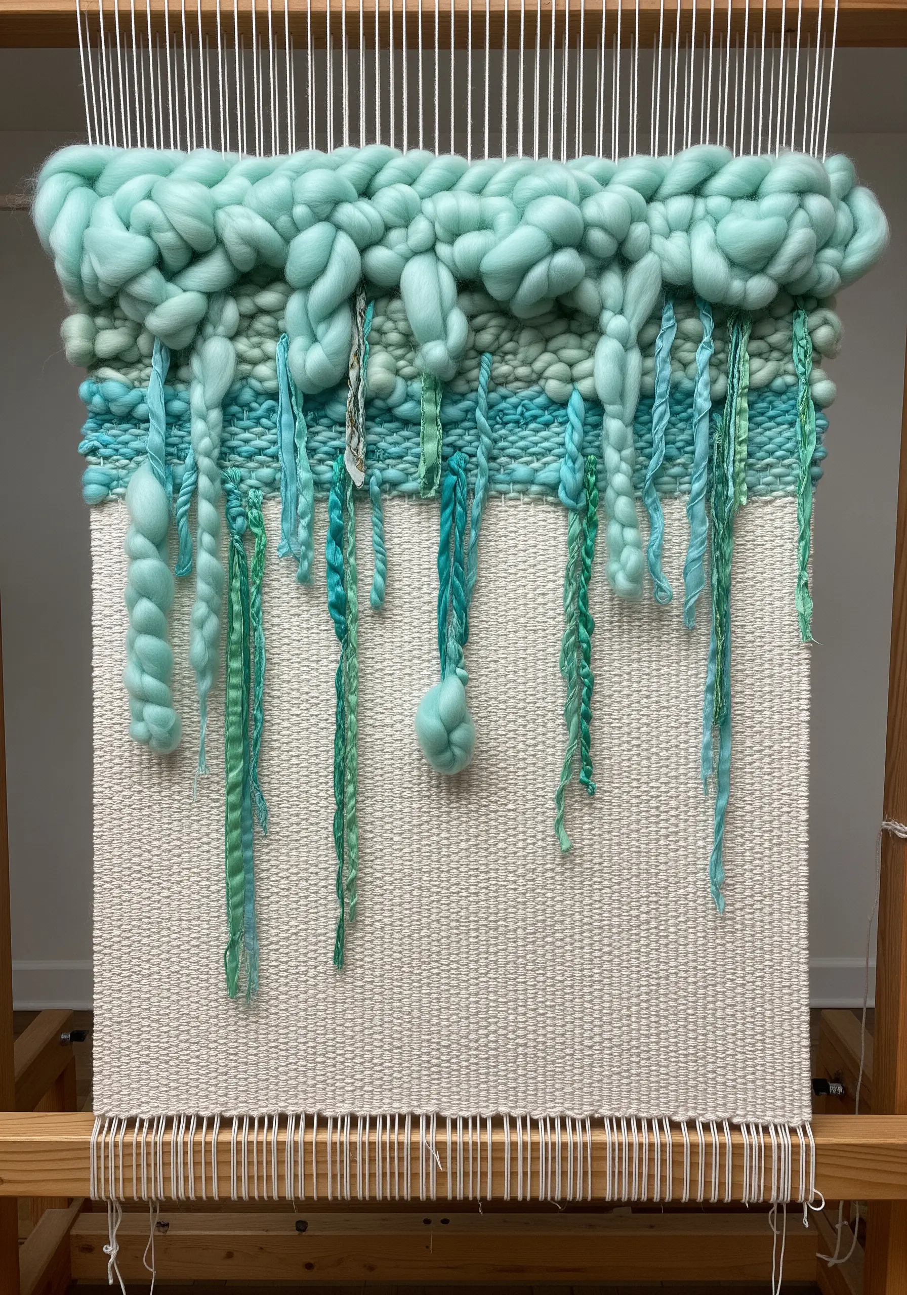 A weaving on a loom with a solid base and a cascading fringe of mint green roving.