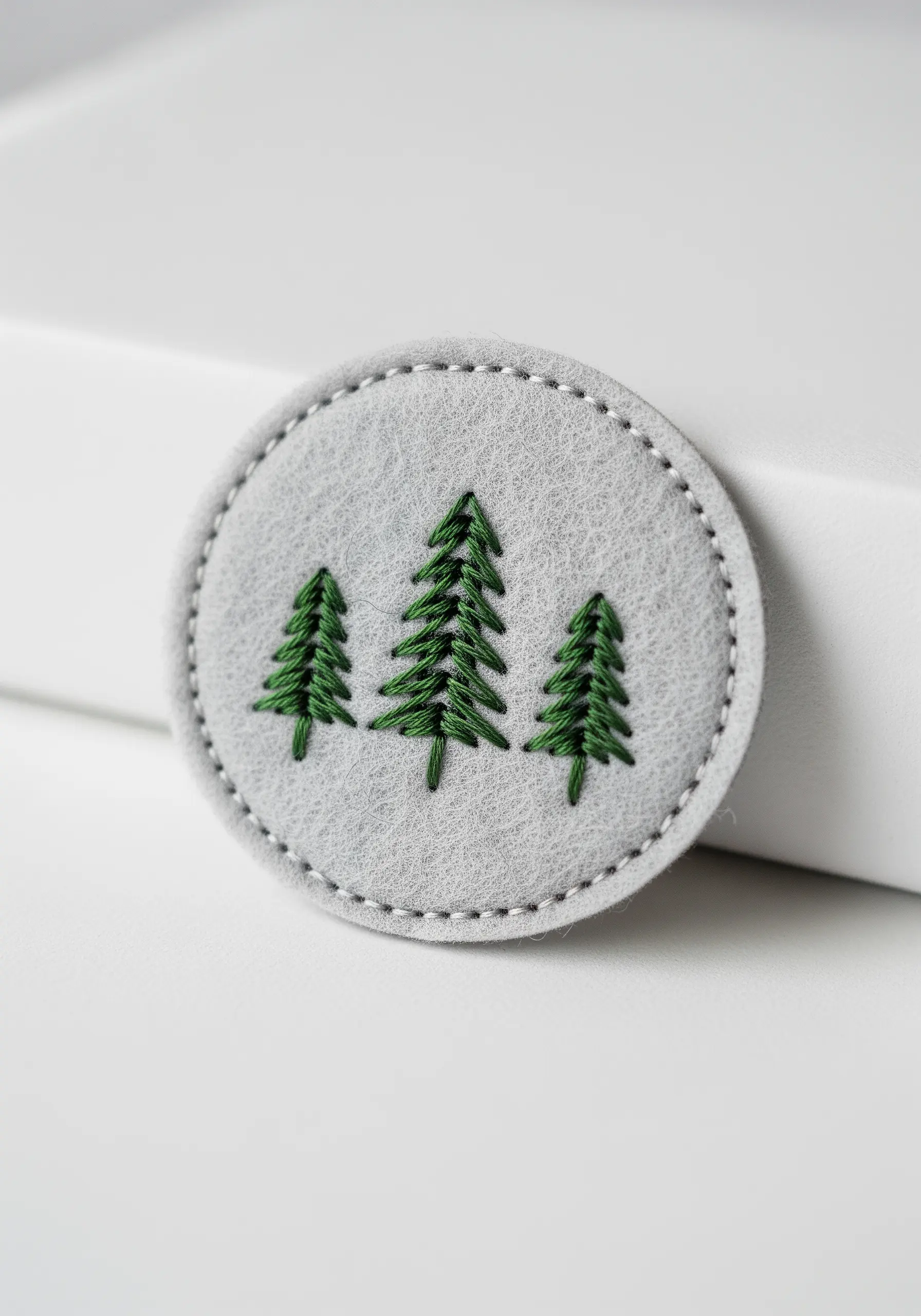 A small, round grey felt patch with three embroidered green pine trees.