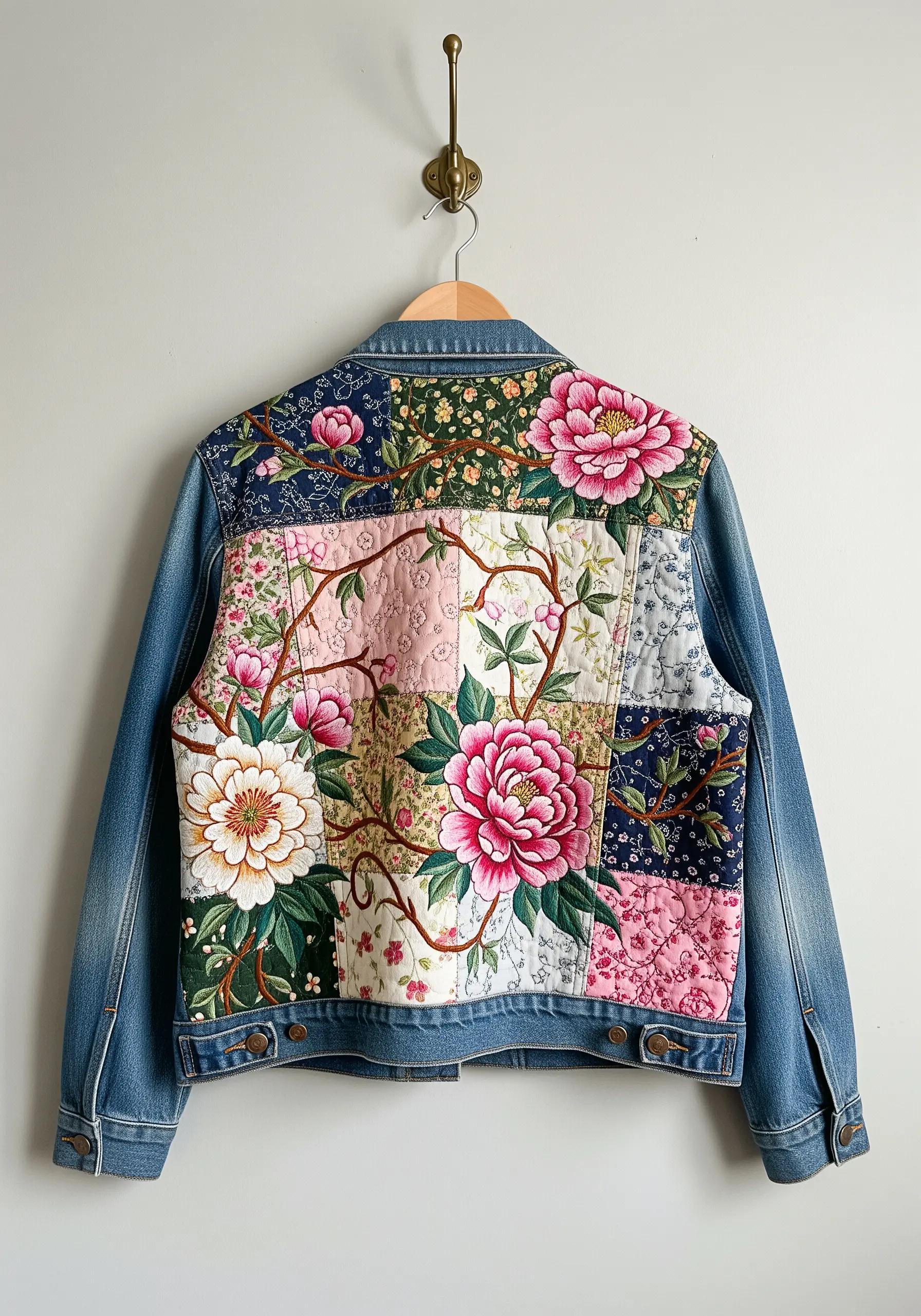 Denim jacket with a floral patchwork panel on the back, enhanced with embroidery details.