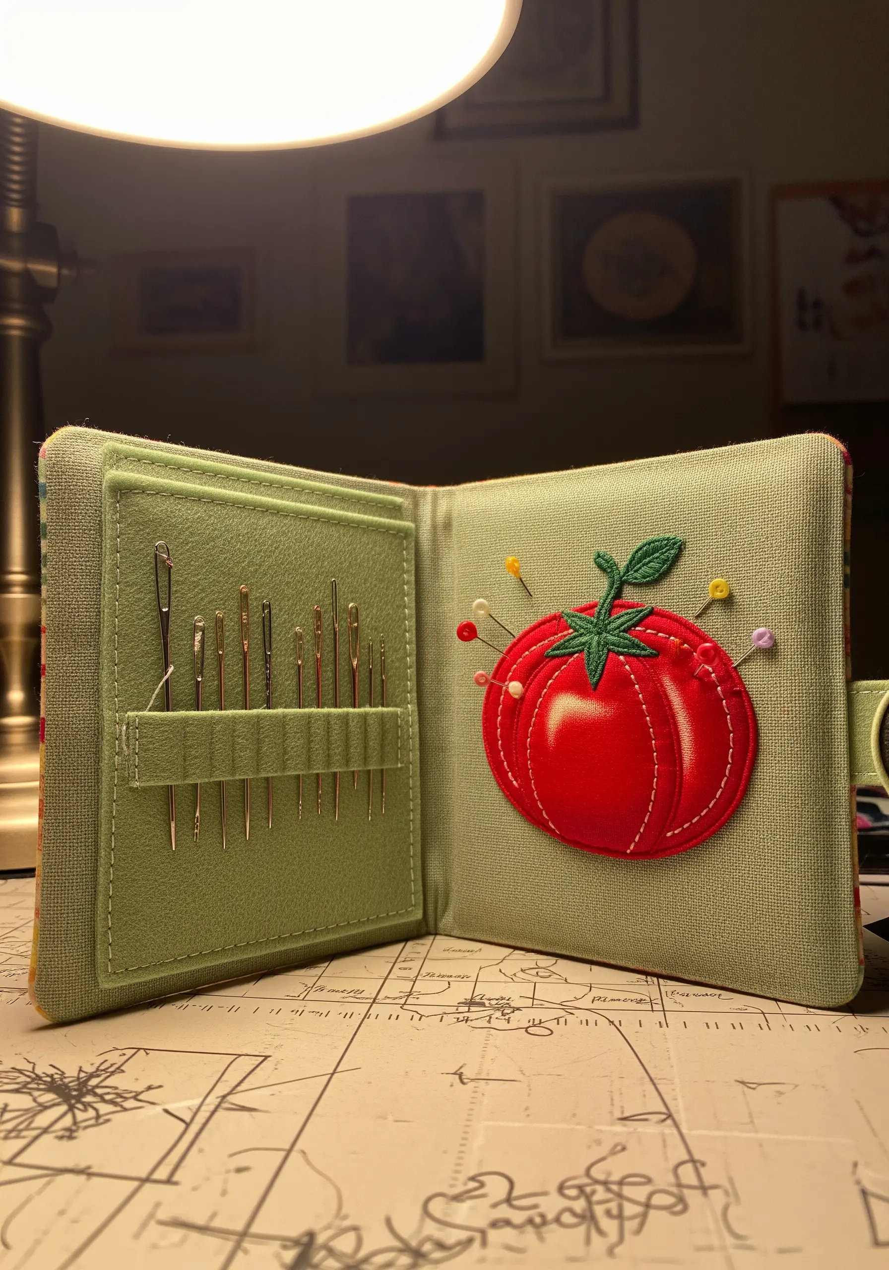 A green fabric needle book with a red tomato pincushion on the cover made from appliqué