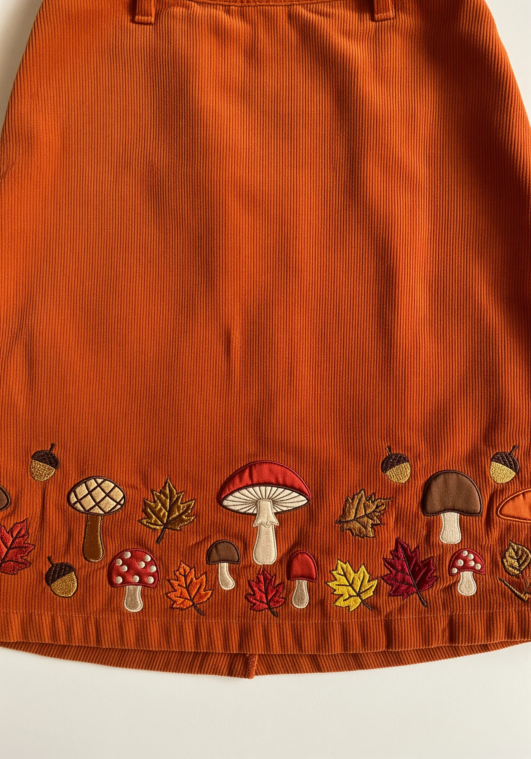 Illustrative autumn-themed embroidery with mushrooms and leaves on an orange corduroy skirt