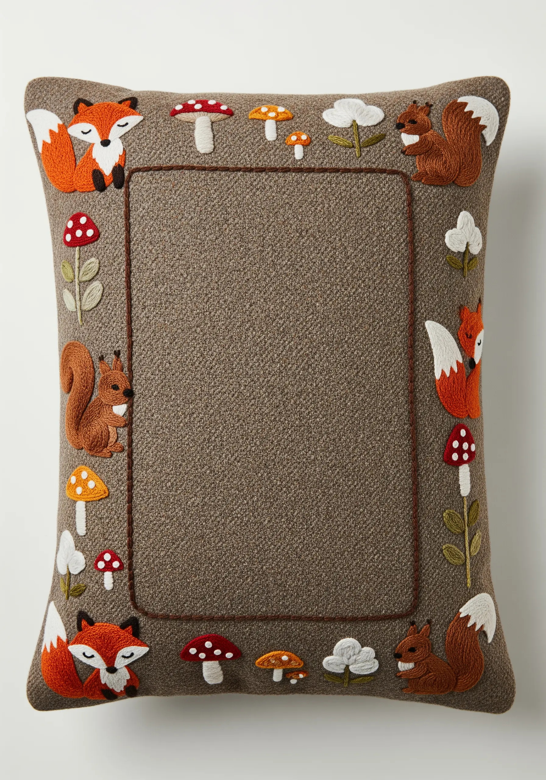A woodland border with embroidered foxes, squirrels, and mushrooms on a tweed cushion