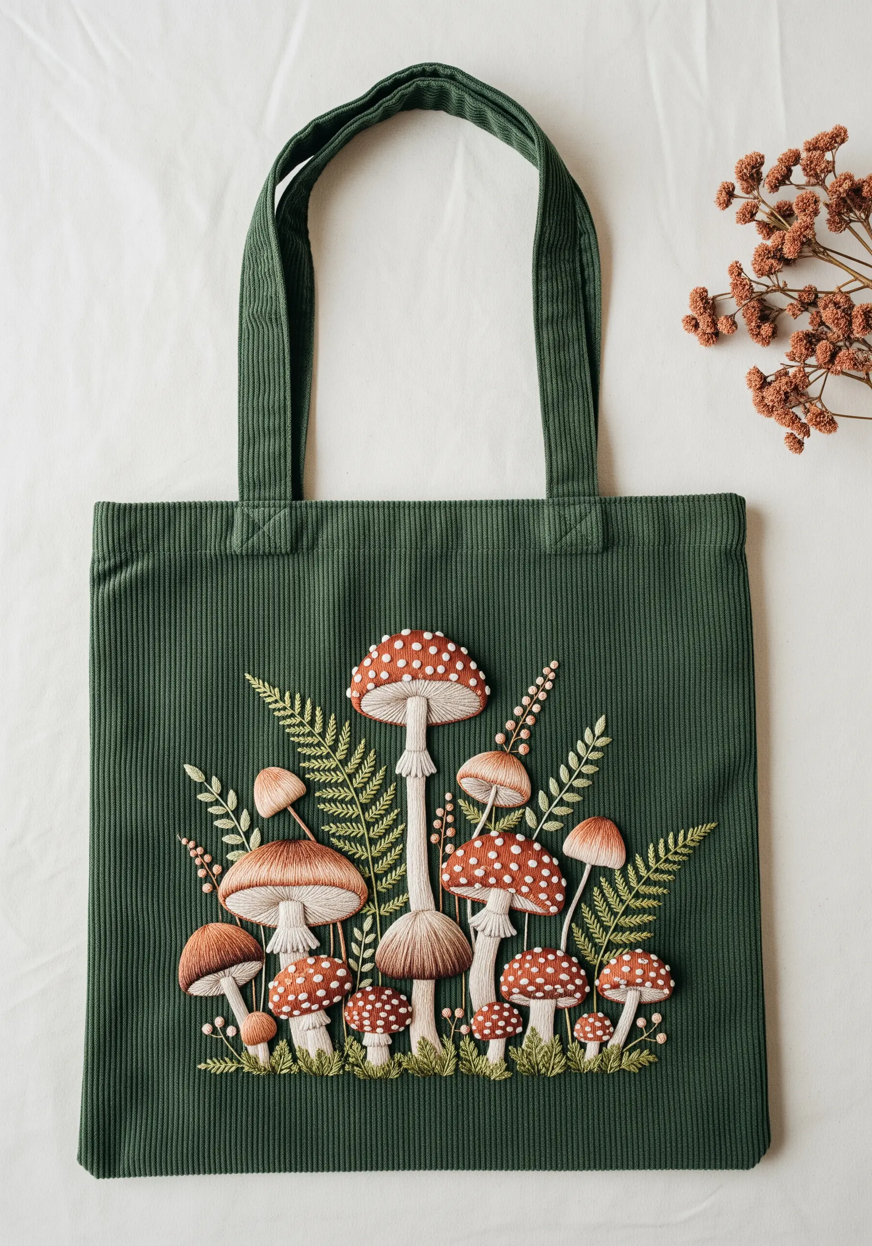 A cluster of embroidered mushrooms and ferns on a green corduroy tote bag