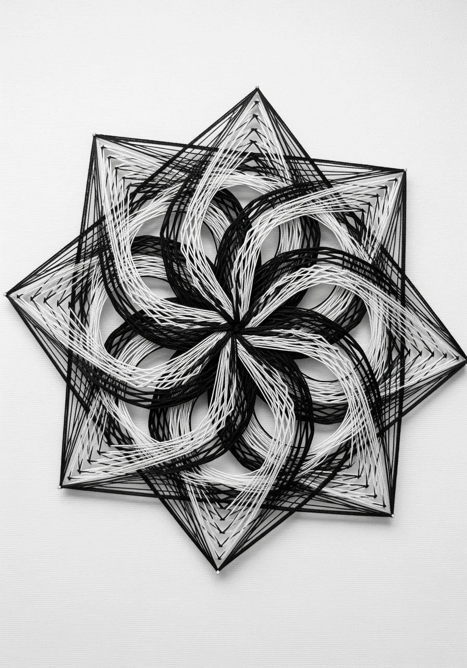 A black and white abstract string art piece with intersecting, woven spirals.