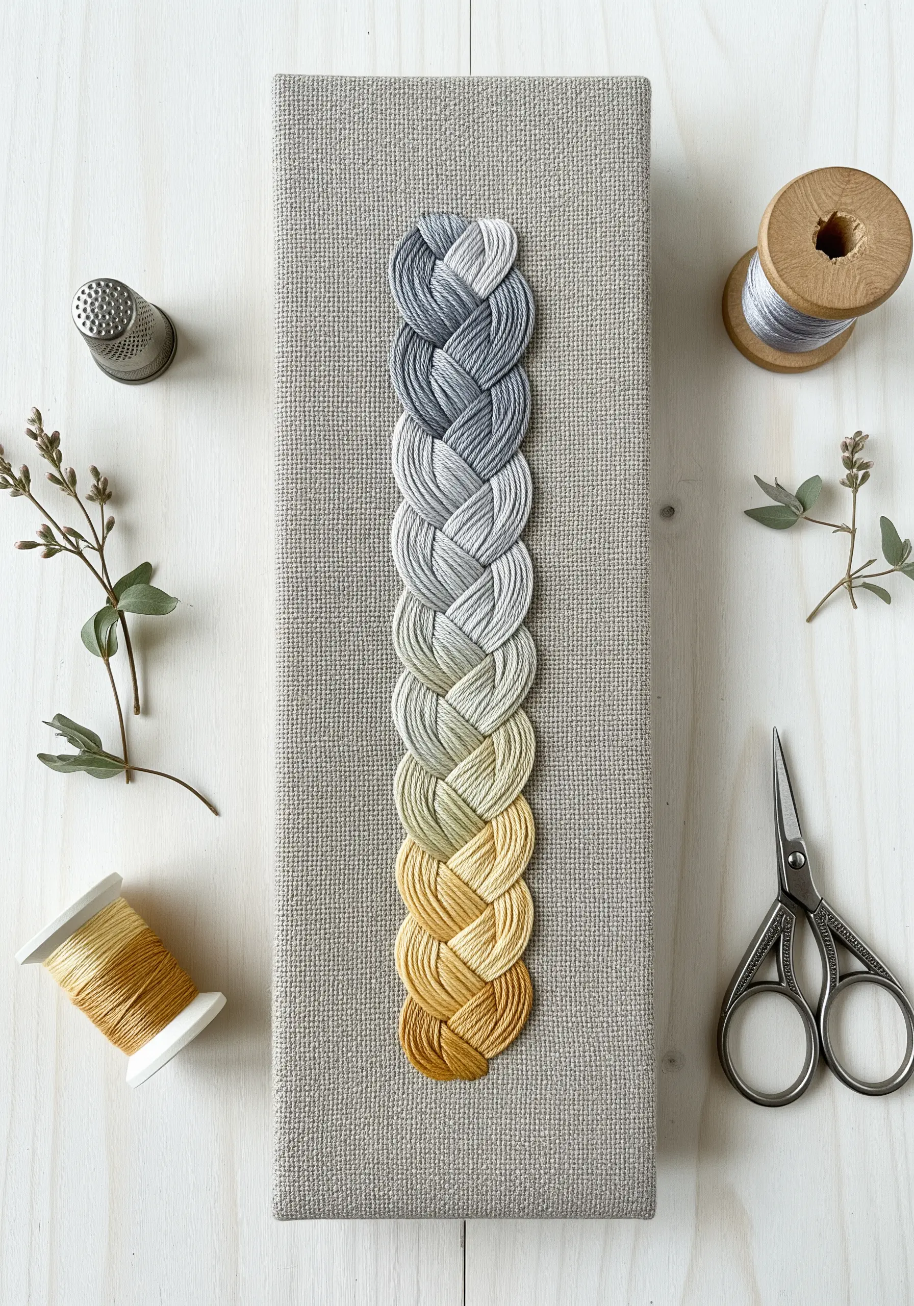 A long, embroidered braid shifting from grey to yellow on a linen canvas.