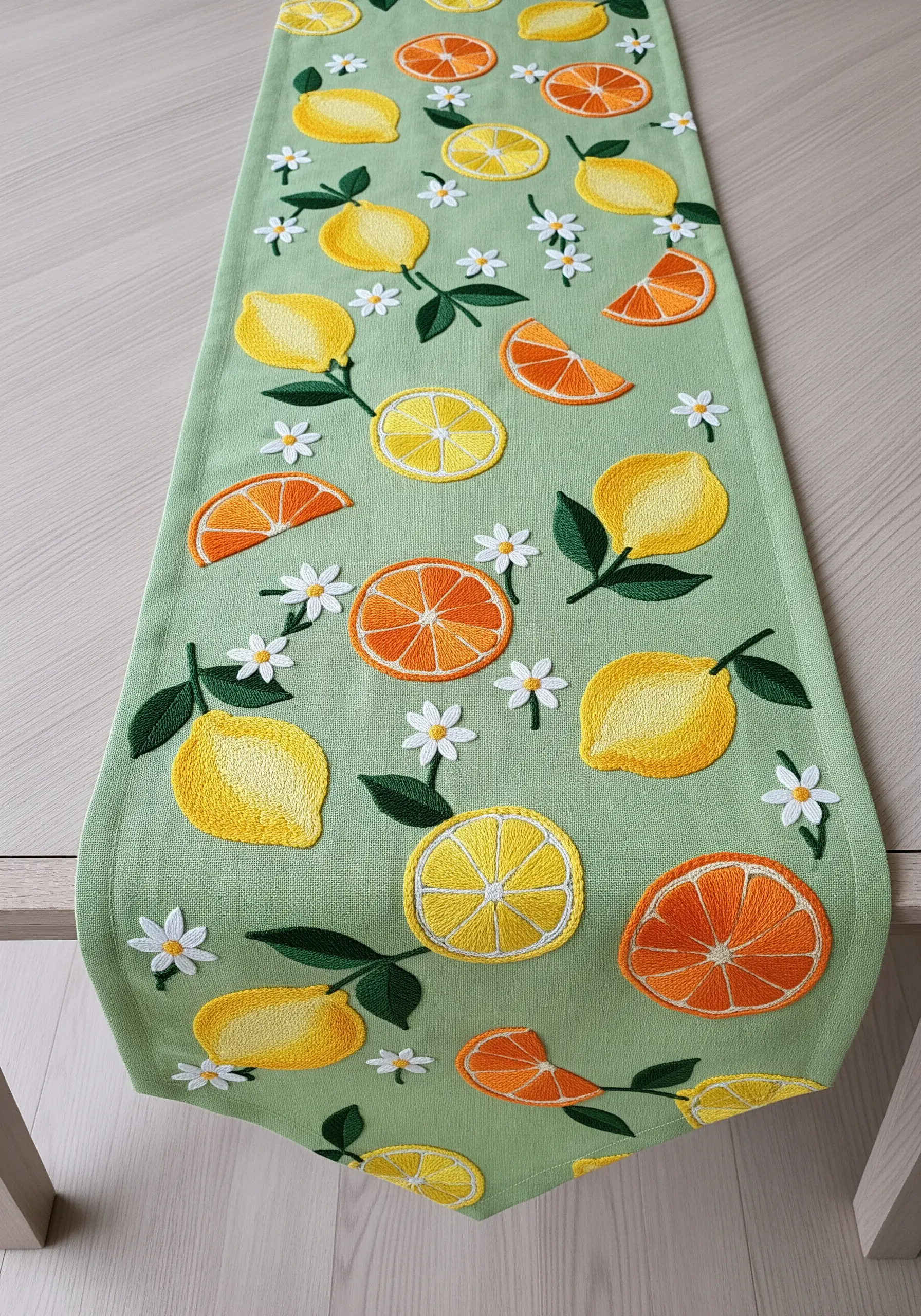 A pattern of lemons, oranges, and white blossoms embroidered on a light green table runner.