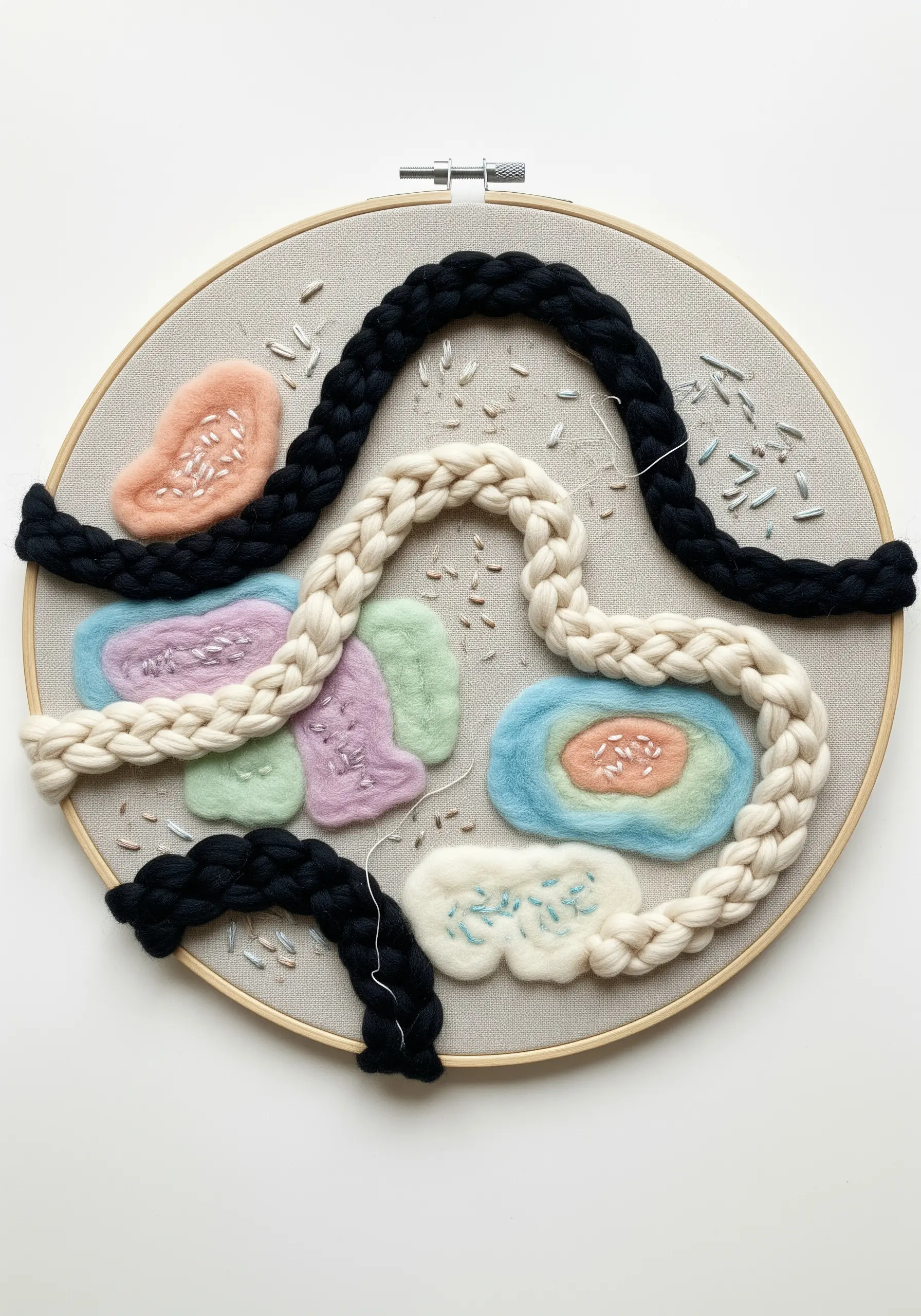 Abstract hoop art with braided yarn, felted wool shapes, and scattered beads on neutral fabric.