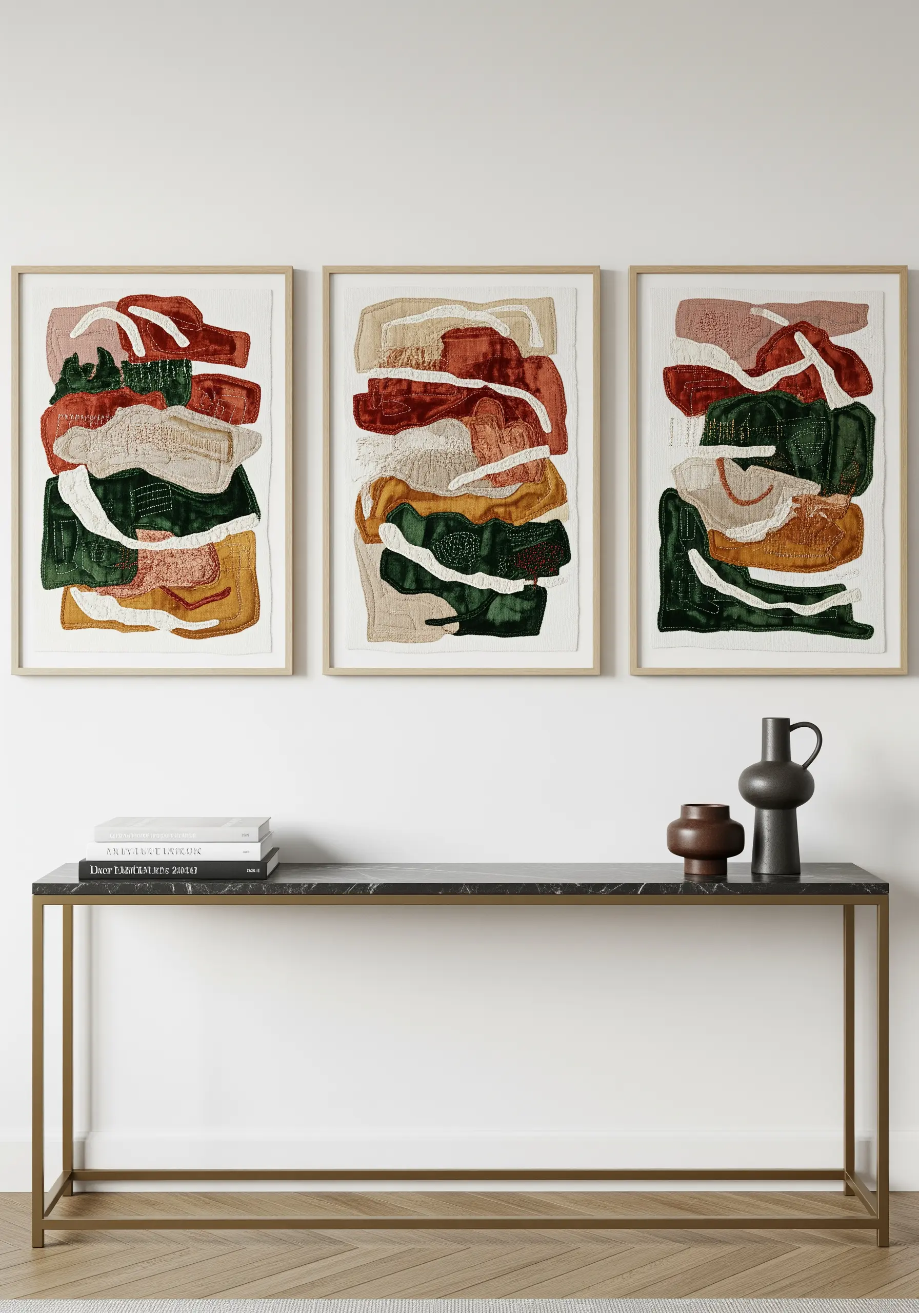 A triptych of framed abstract textile art with layered fabrics and embroidery.