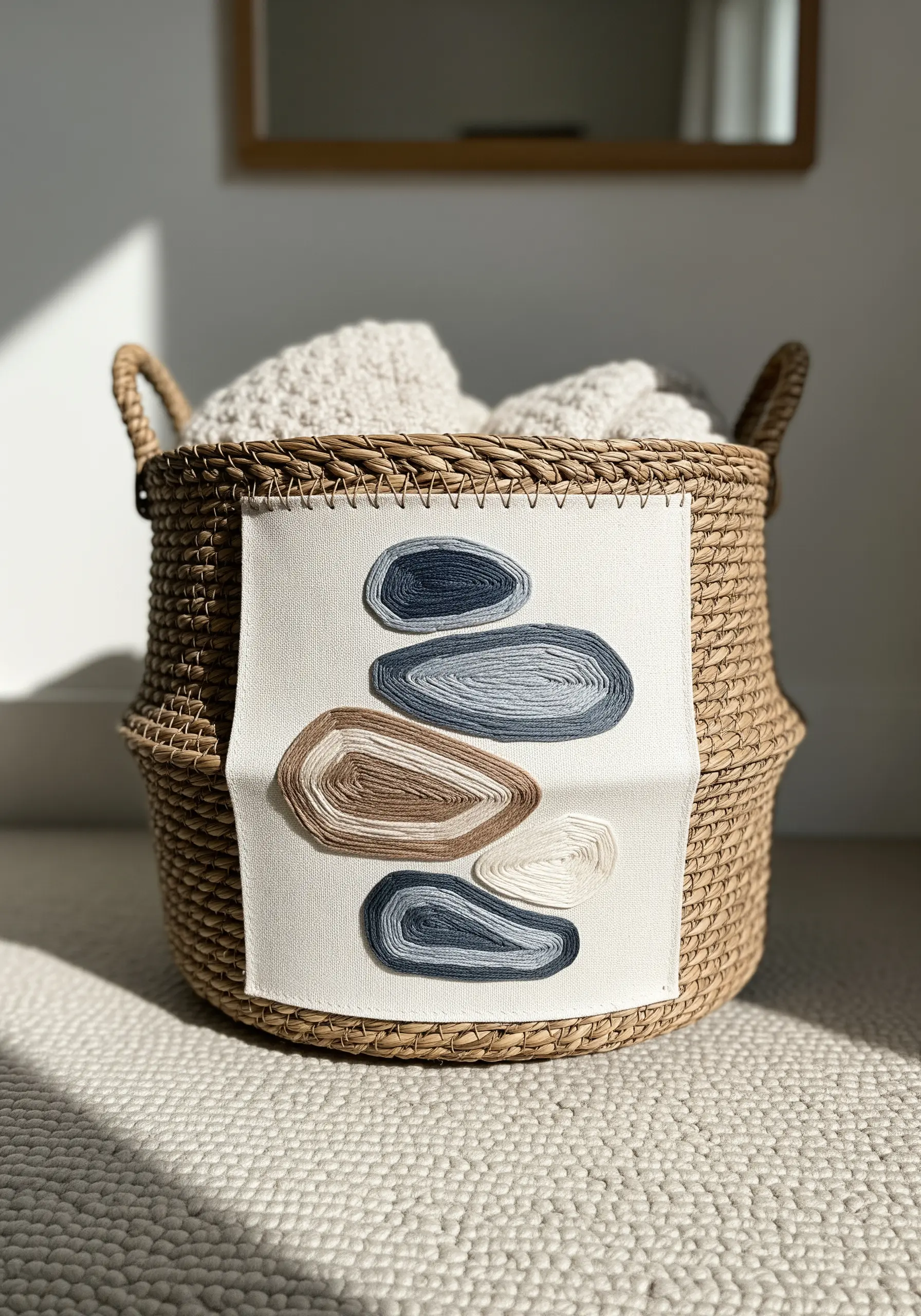 An abstract embroidery of five stacked, stone-like shapes in neutral tones on a canvas panel.