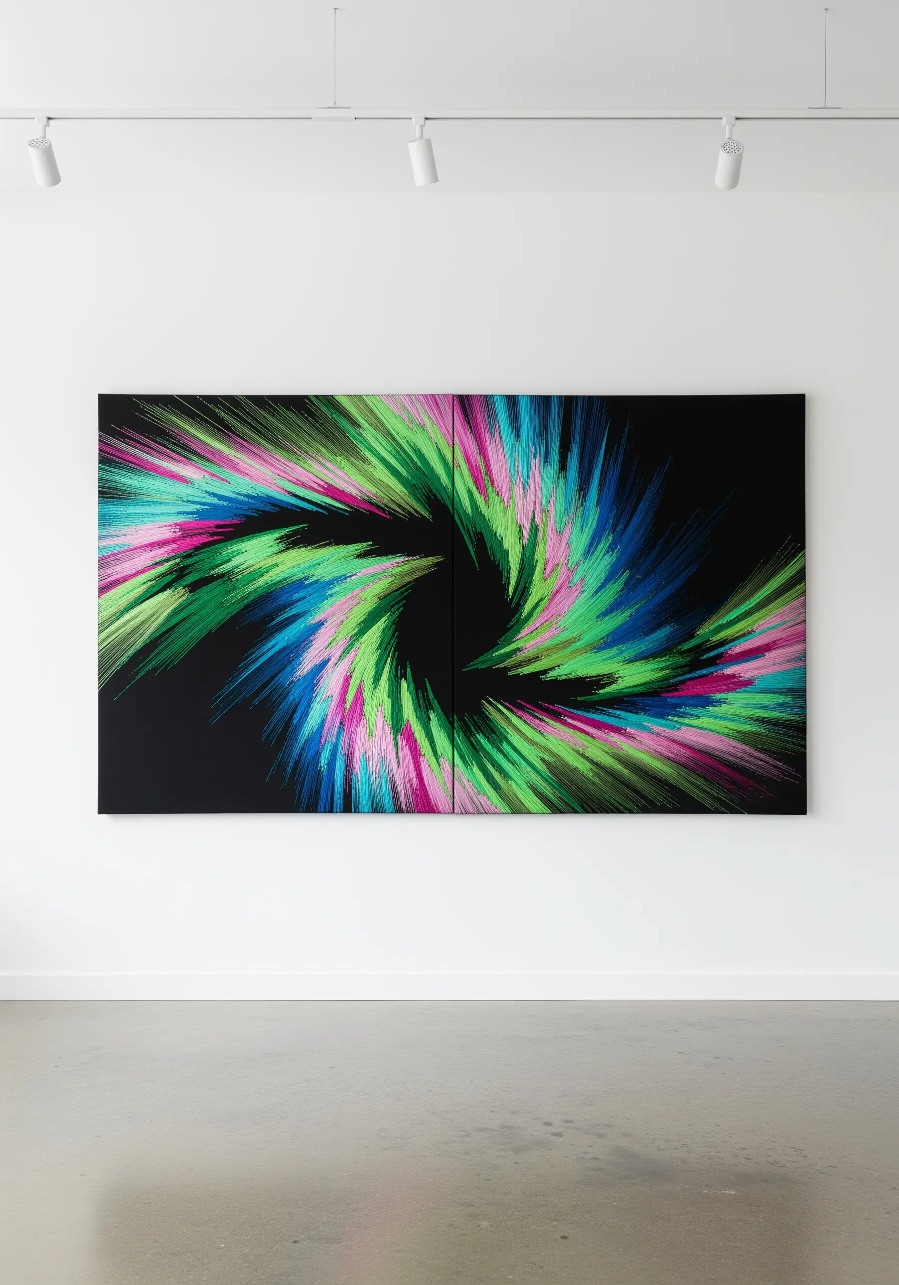 A large, abstract embroidery piece on a black background with a vortex of colorful stitches.