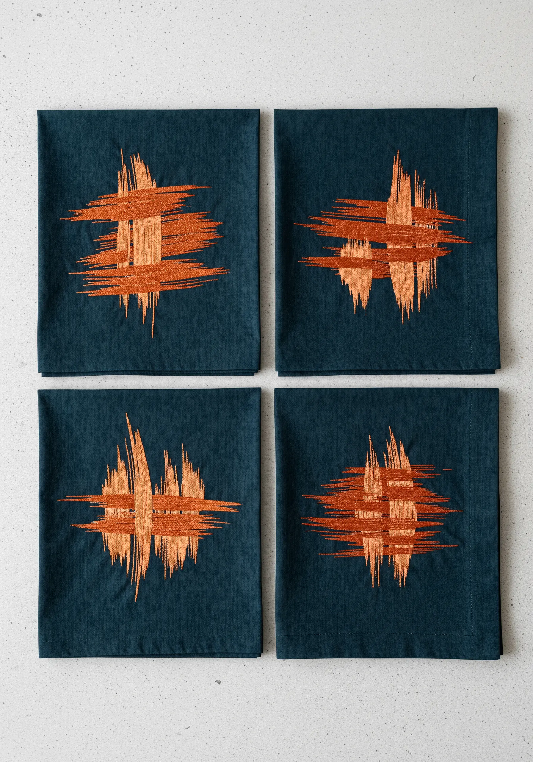 Dark blue napkins with abstract, textured blocks of embroidery in a copper metallic thread.