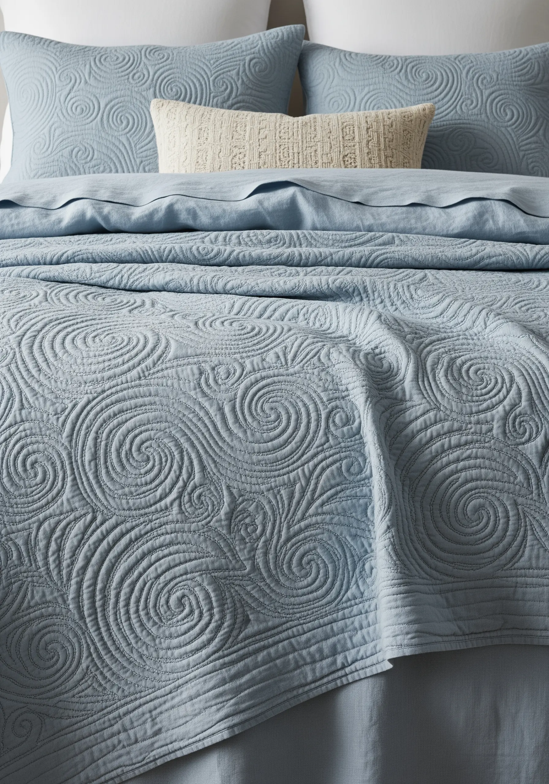 A light blue quilted bedspread with an all-over embroidered swirl pattern in a matching thread.