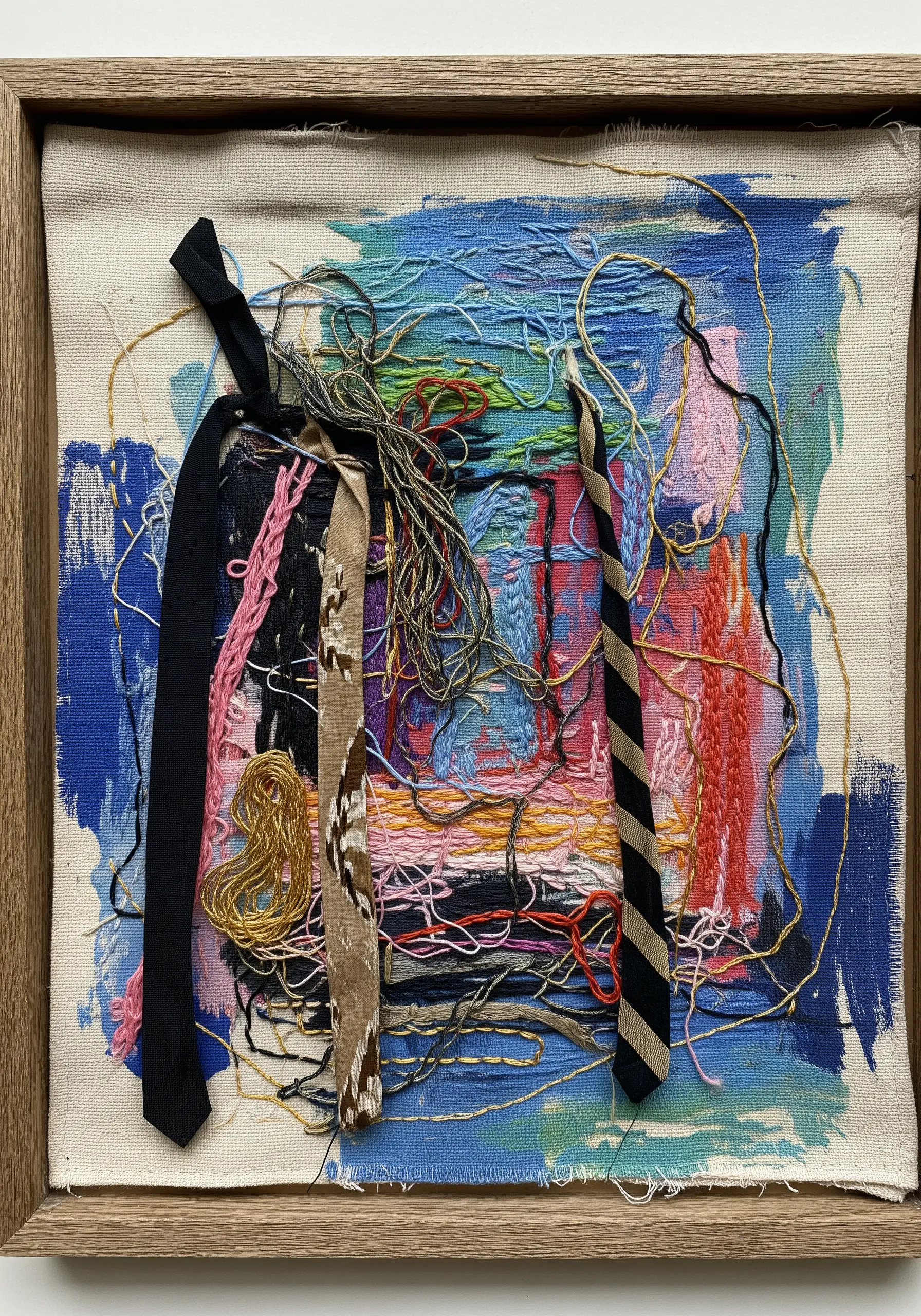 A framed abstract textile artwork featuring painted canvas, loose threads, and collaged neckties.