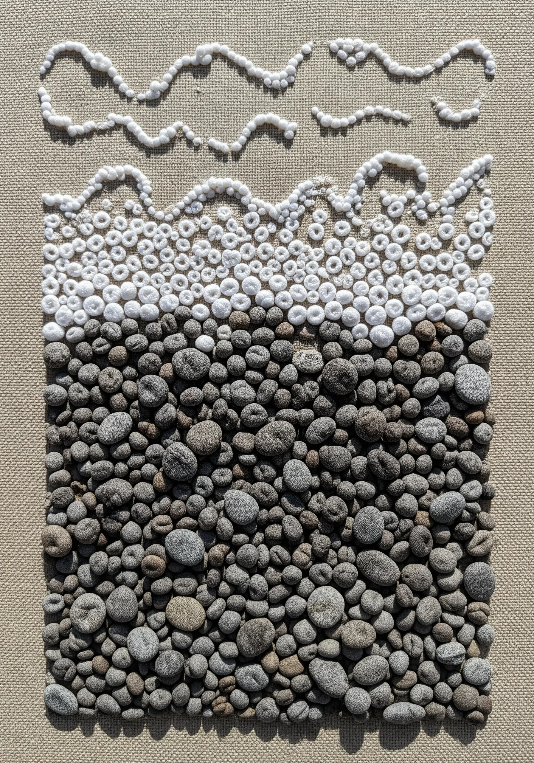An abstract textile art piece made of French knots in gray, black, and white resembling pebbles.