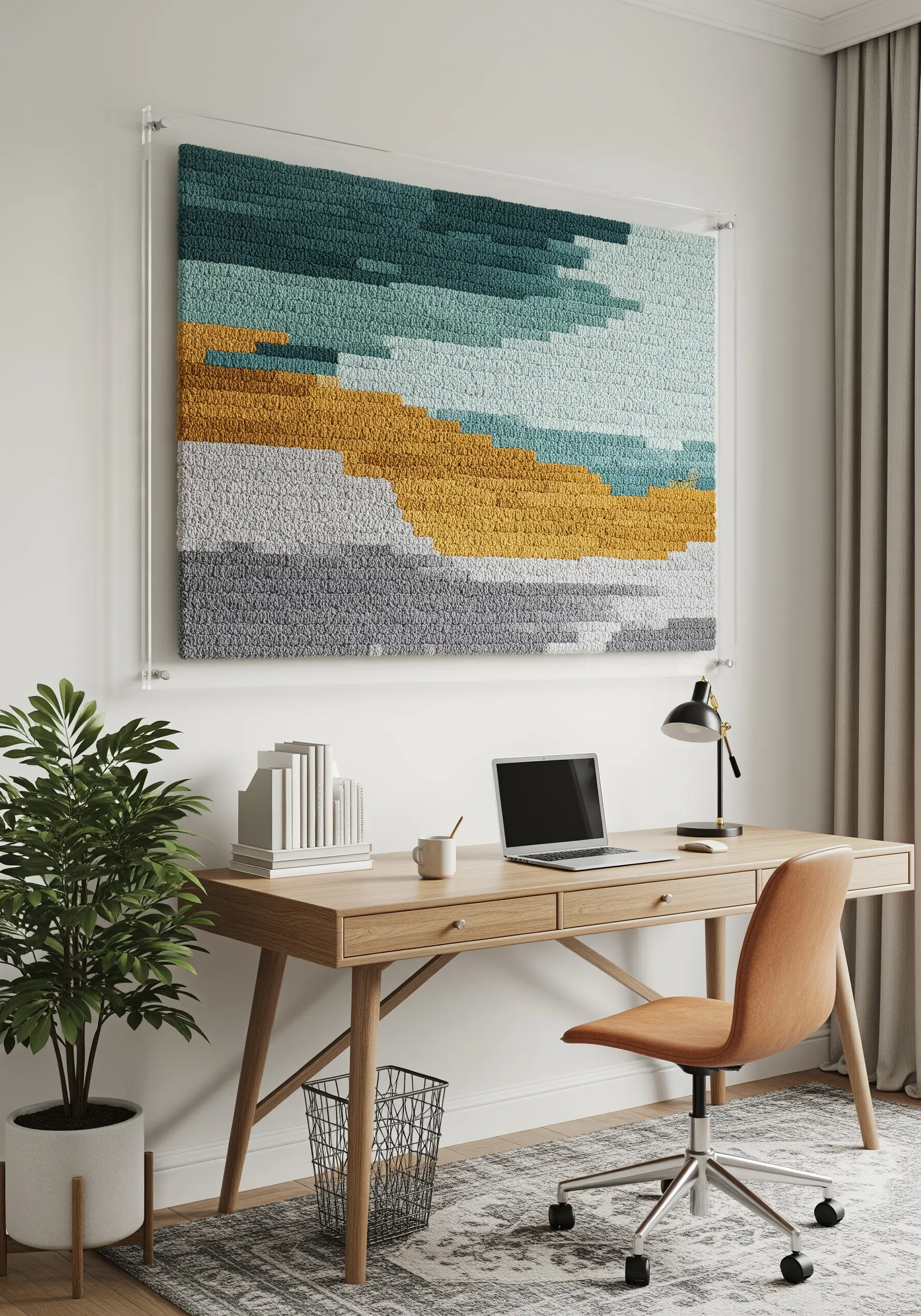 A large, abstract embroidered landscape with textured color blocks in a floating acrylic frame
