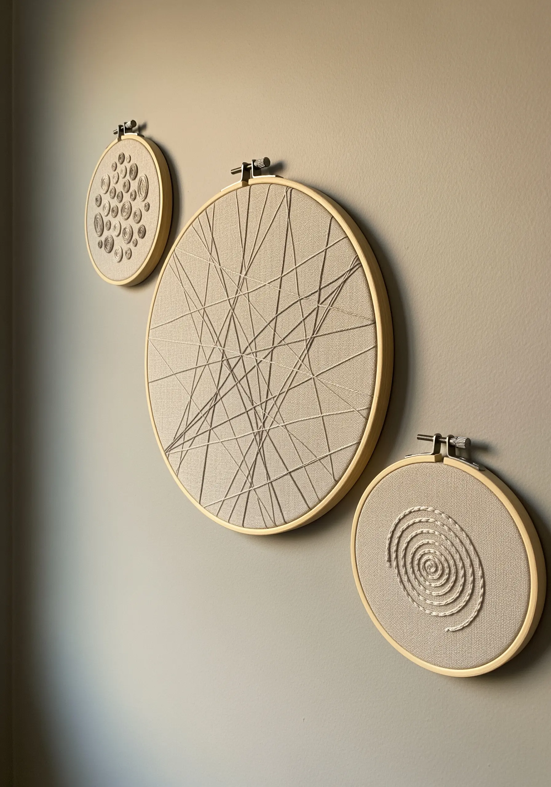 A collection of three abstract embroidery hoops on a gray wall.