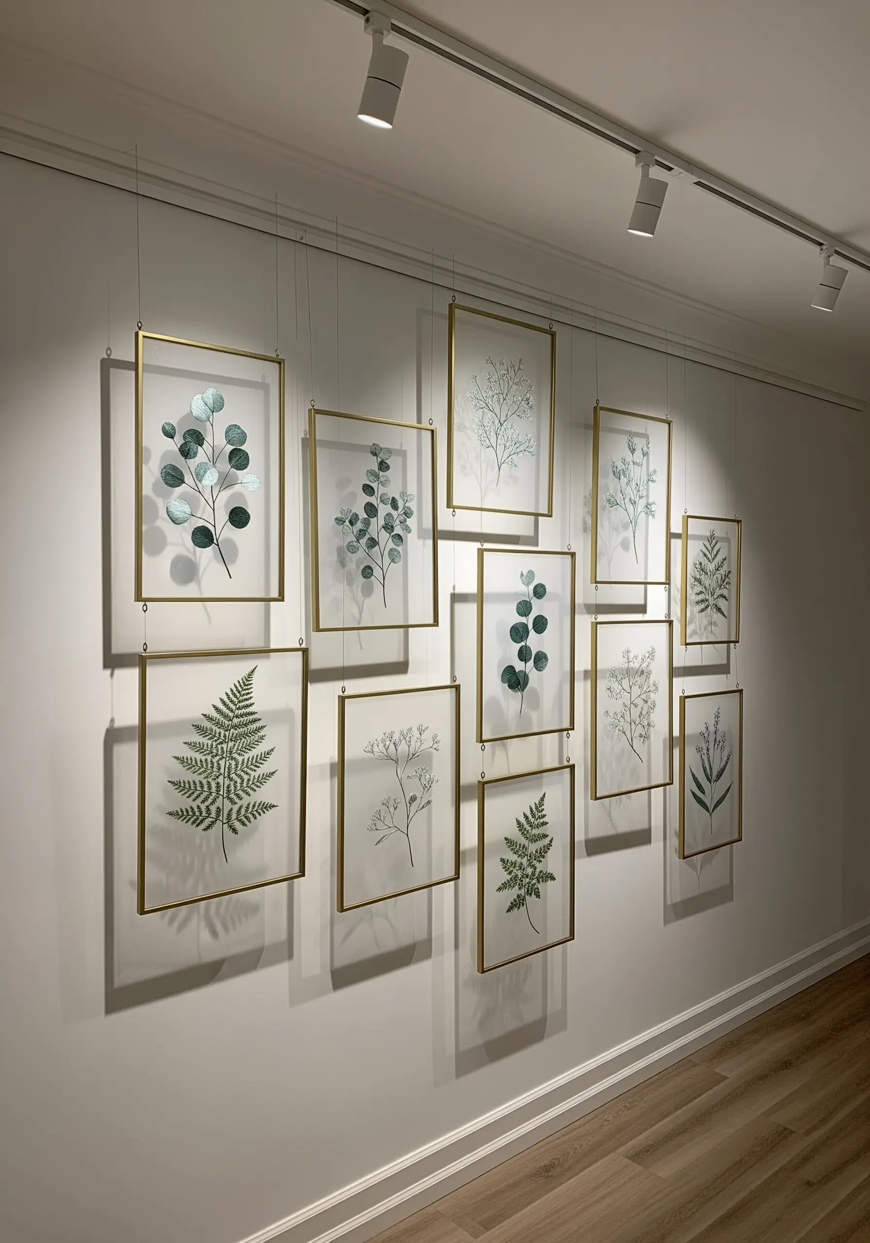 Botanical embroideries on sheer fabric displayed in floating double-glass frames.