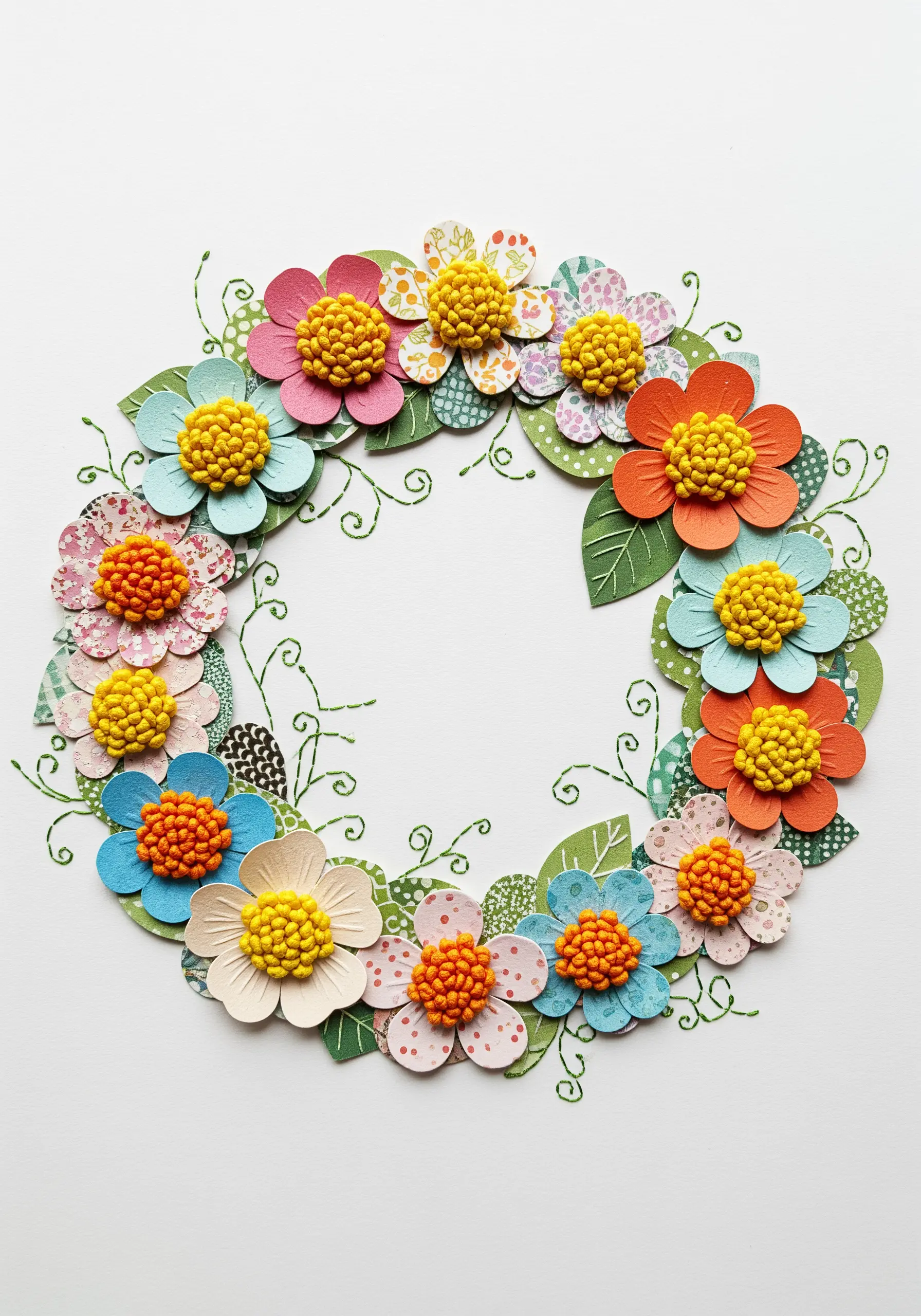 A wreath made of colorful paper flowers, with delicate green embroidery stitched in the background as vines.