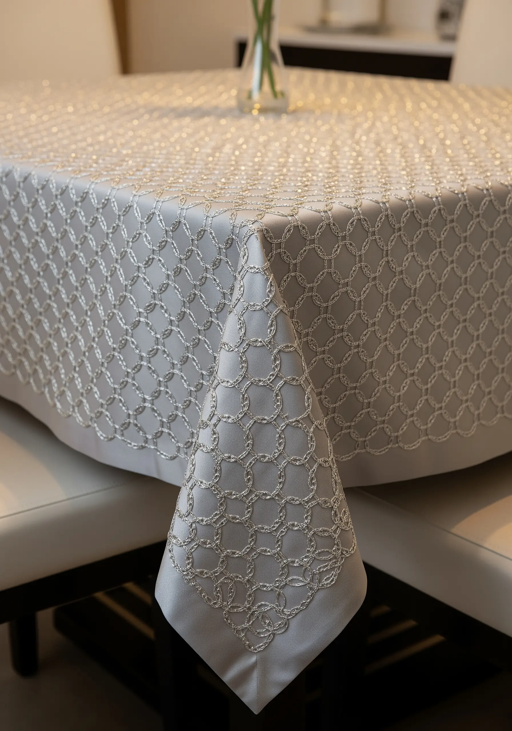 A light grey tablecloth covered in a seamless pattern of interlocking rings in silver metallic thread.