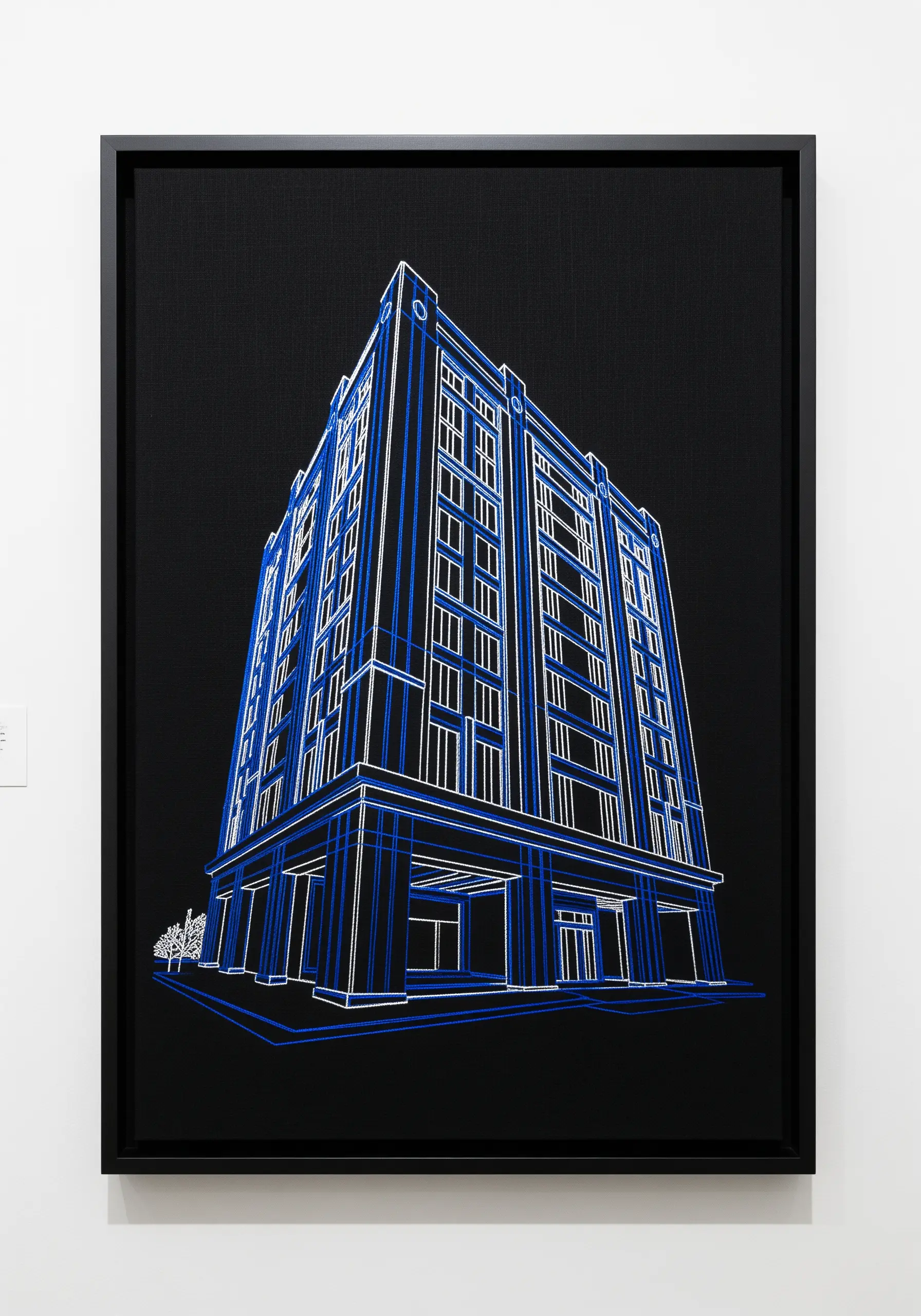 Architectural embroidery in white and blue line art on a black canvas, resembling a blueprint.
