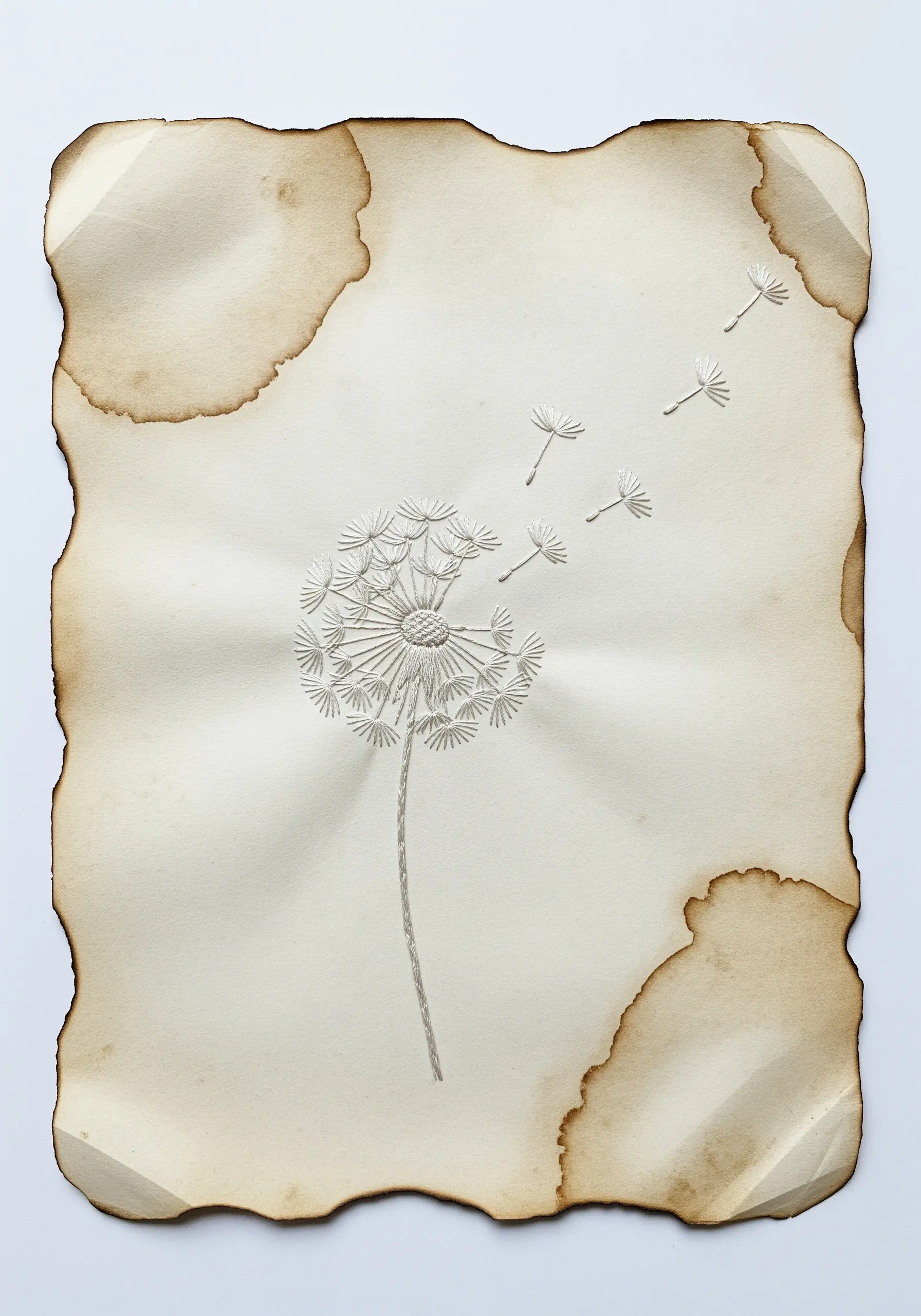 White thread embroidery of a dandelion on coffee-stained paper with burned edges.