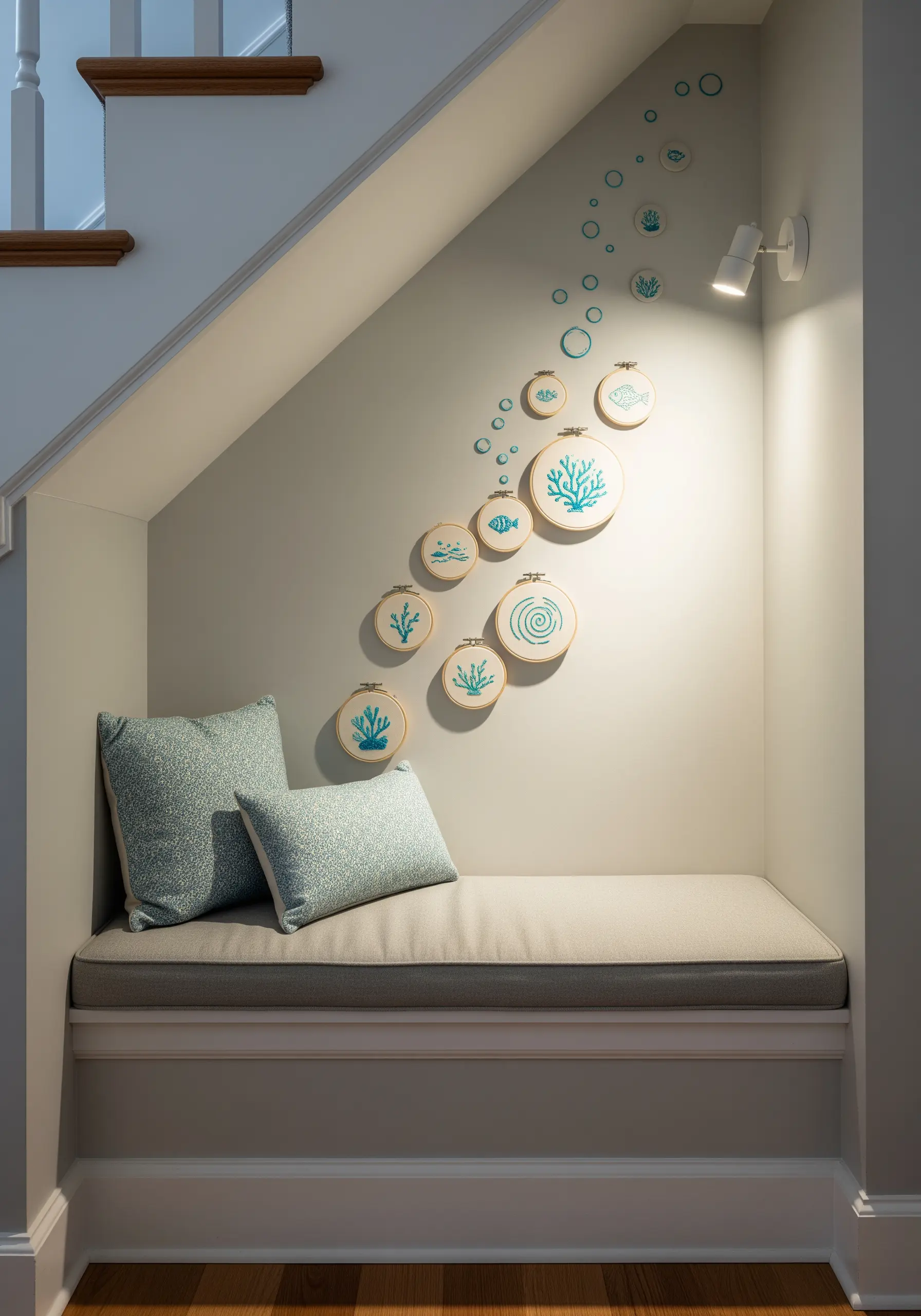An installation of ocean-themed embroidery hoops ascending a wall in an under-stair nook.