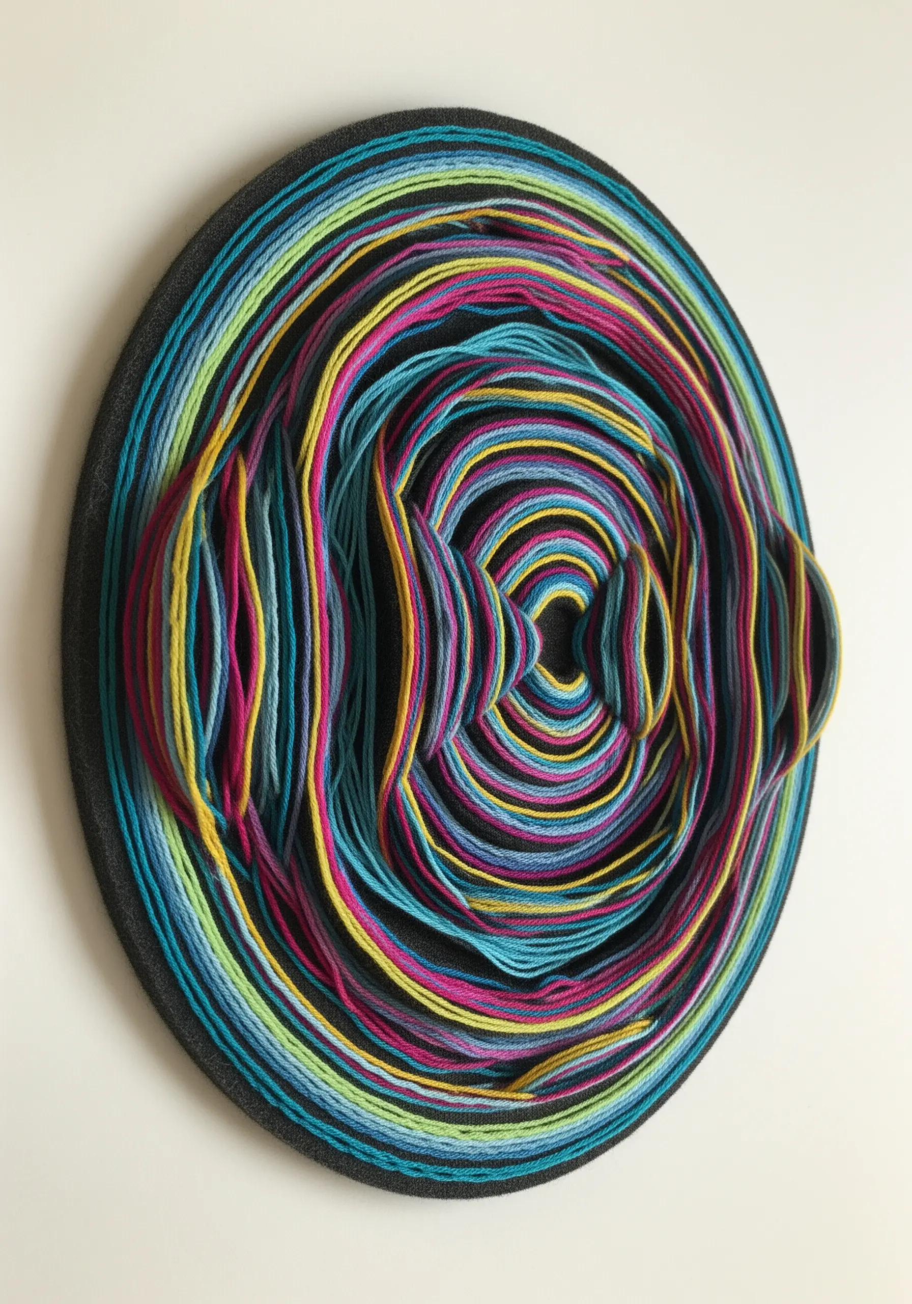 Colorful threads laid in carved channels on a round black base, creating a 3D vortex effect.