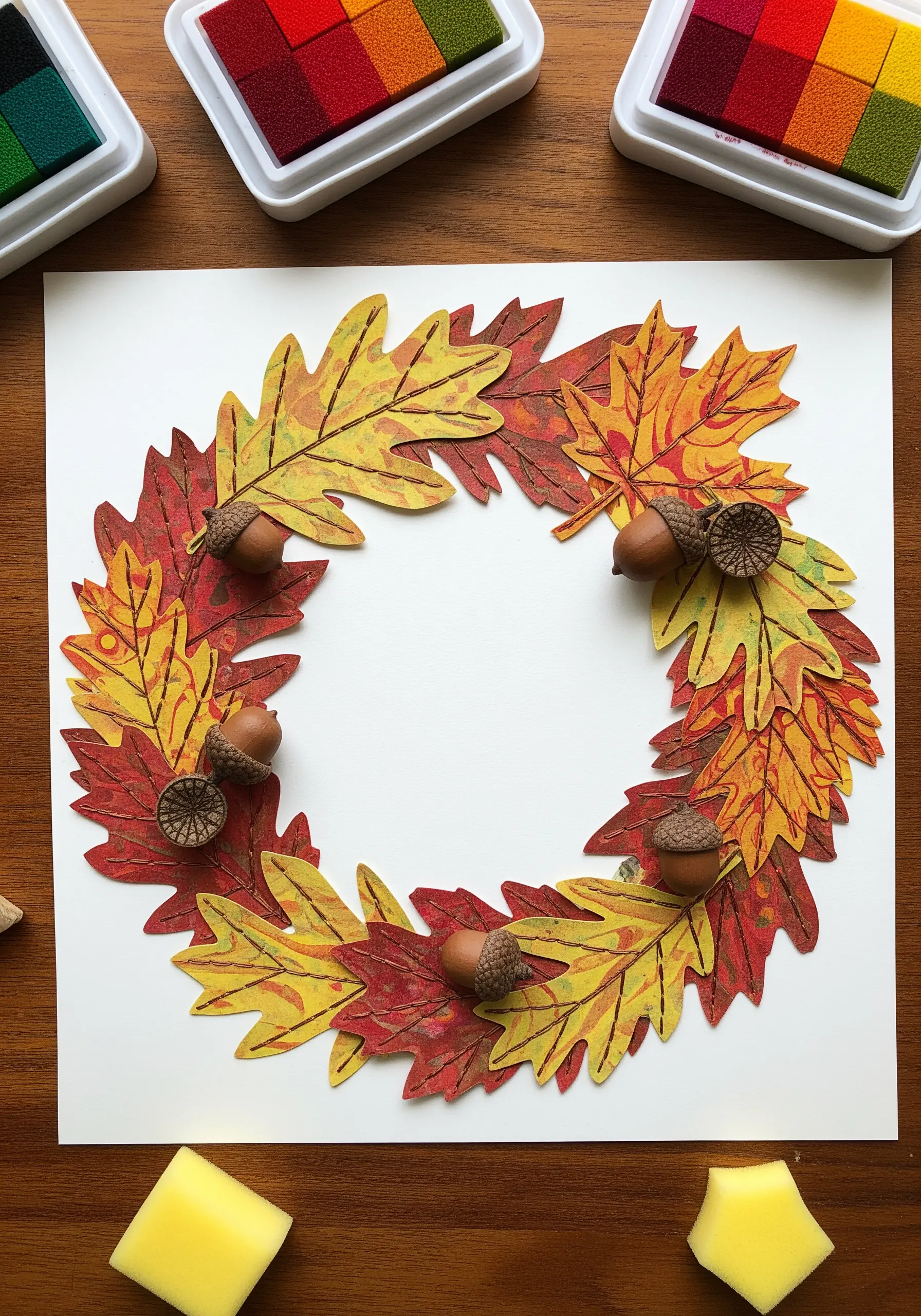 An autumn wreath made from paper leaves in yellow, orange, and red, with 3D paper acorns.