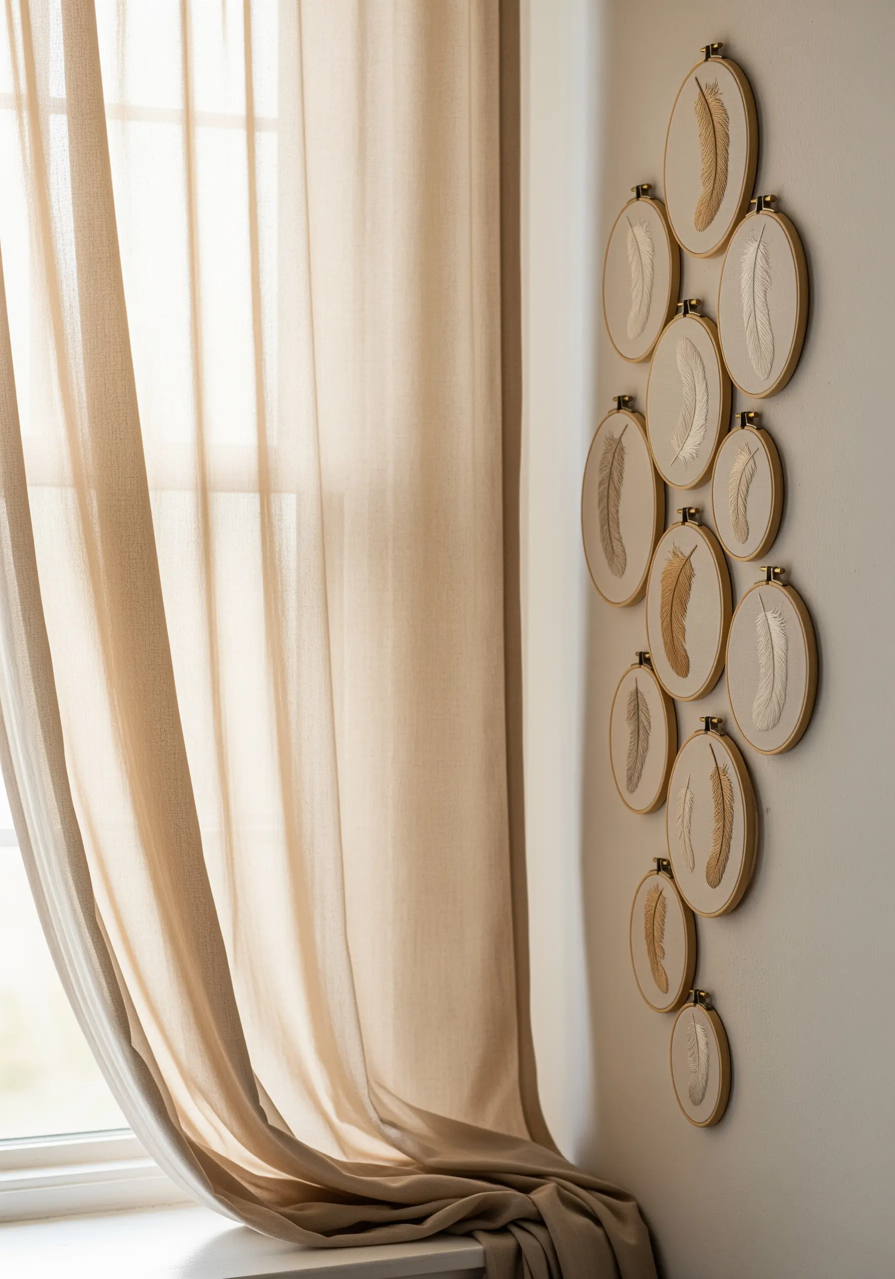 A vertical arrangement of multiple oval embroidery hoops, each containing a single stitched feather