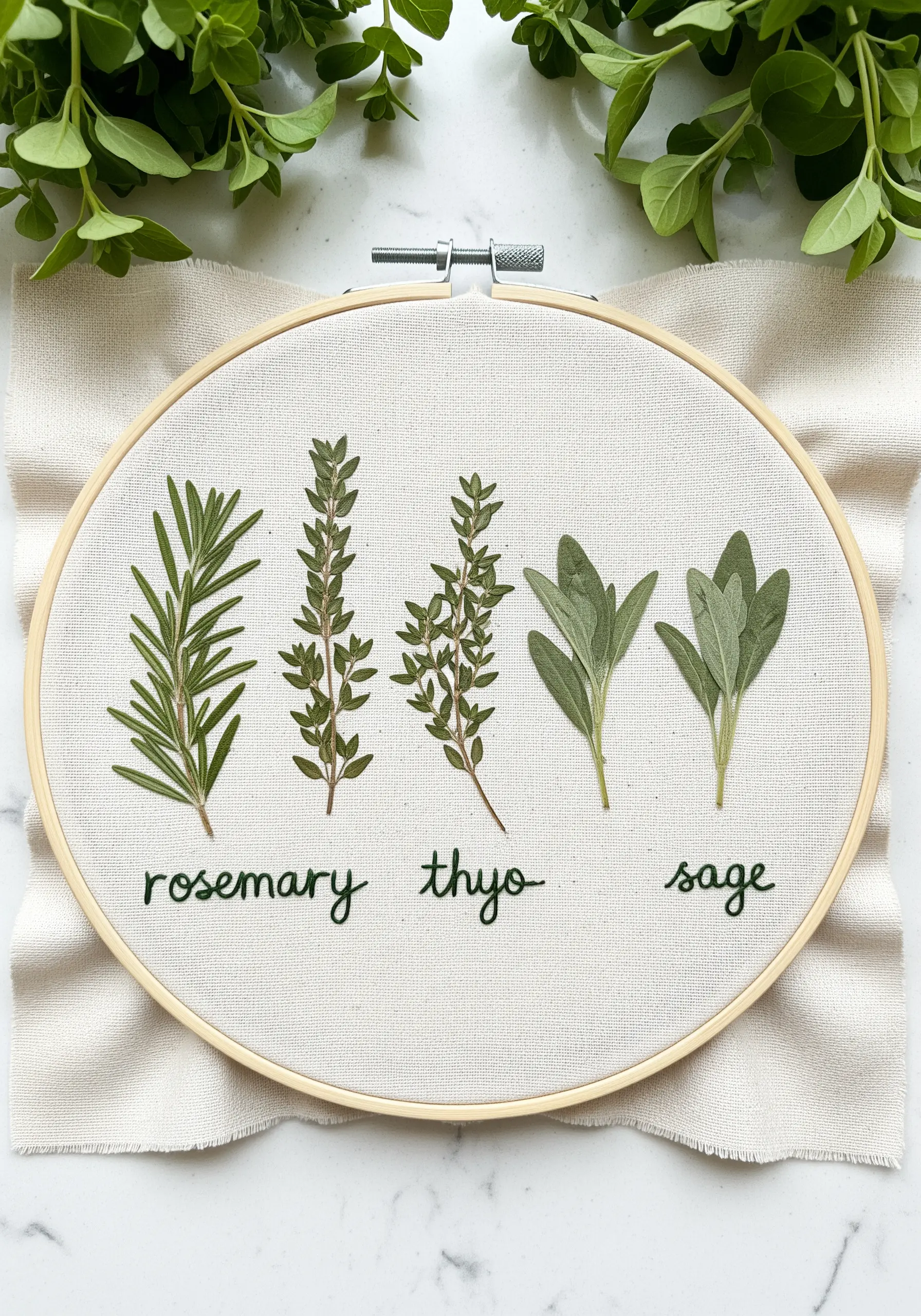 Pressed rosemary, thyme, and sage stitched onto linen with their names embroidered below.