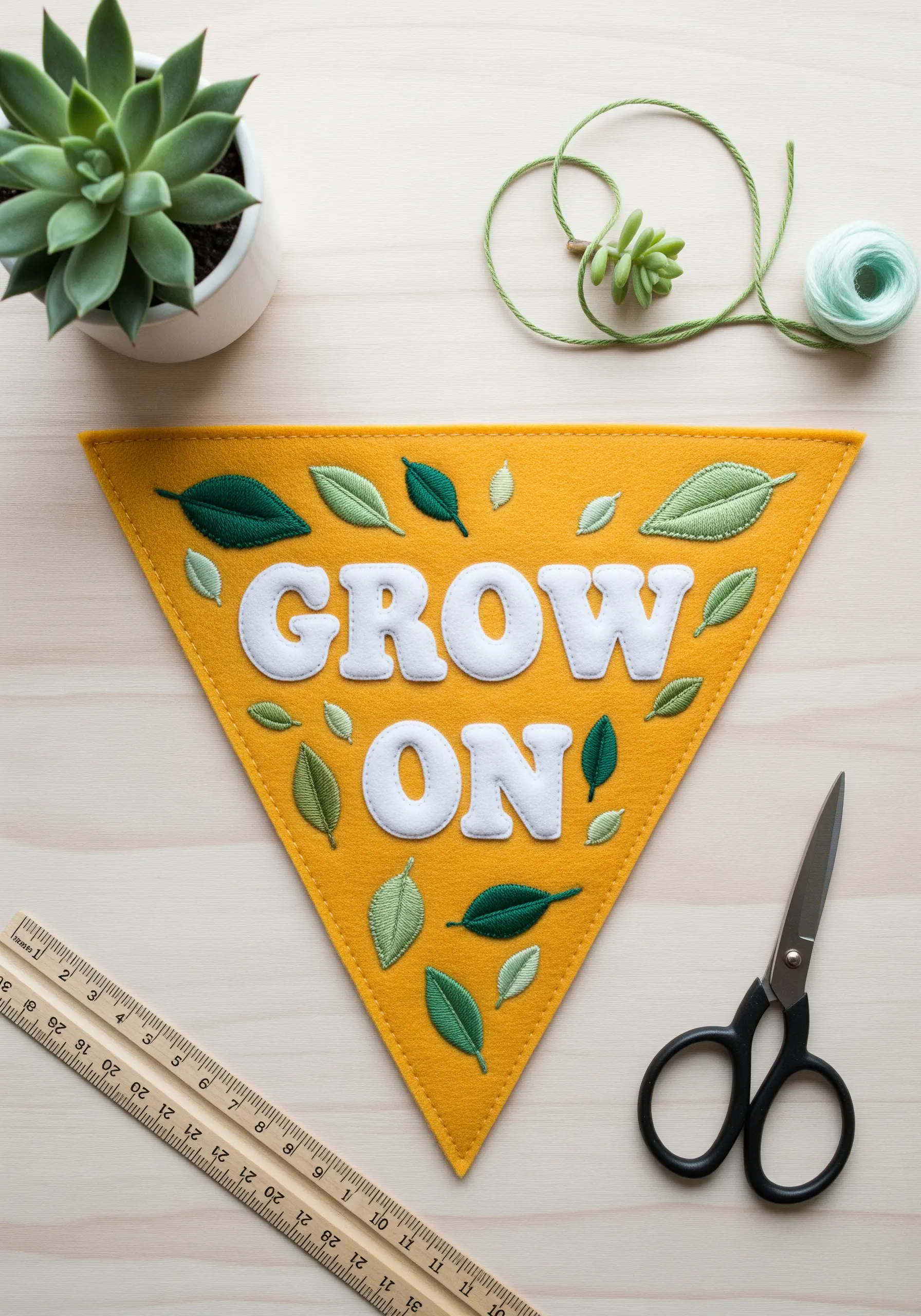 A yellow triangular felt pennant with the words 'GROW ON' and embroidered green leaves.