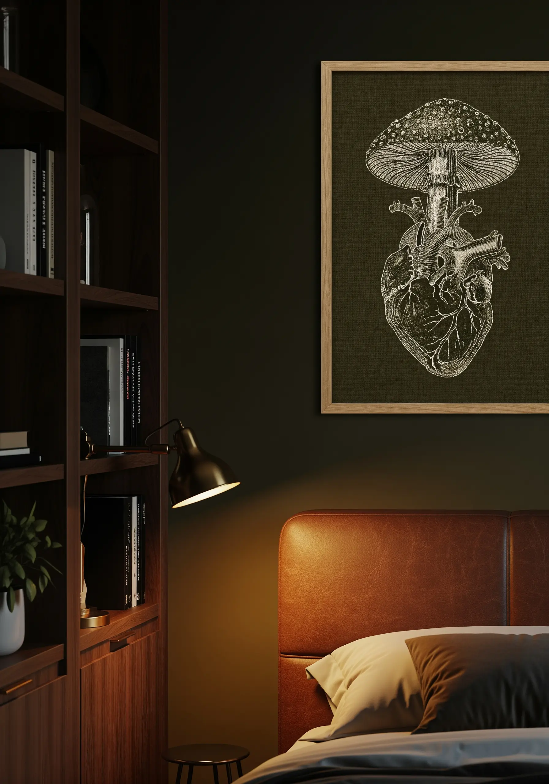 Framed embroidery of an anatomical heart combined with a mushroom, in a vintage illustration style.