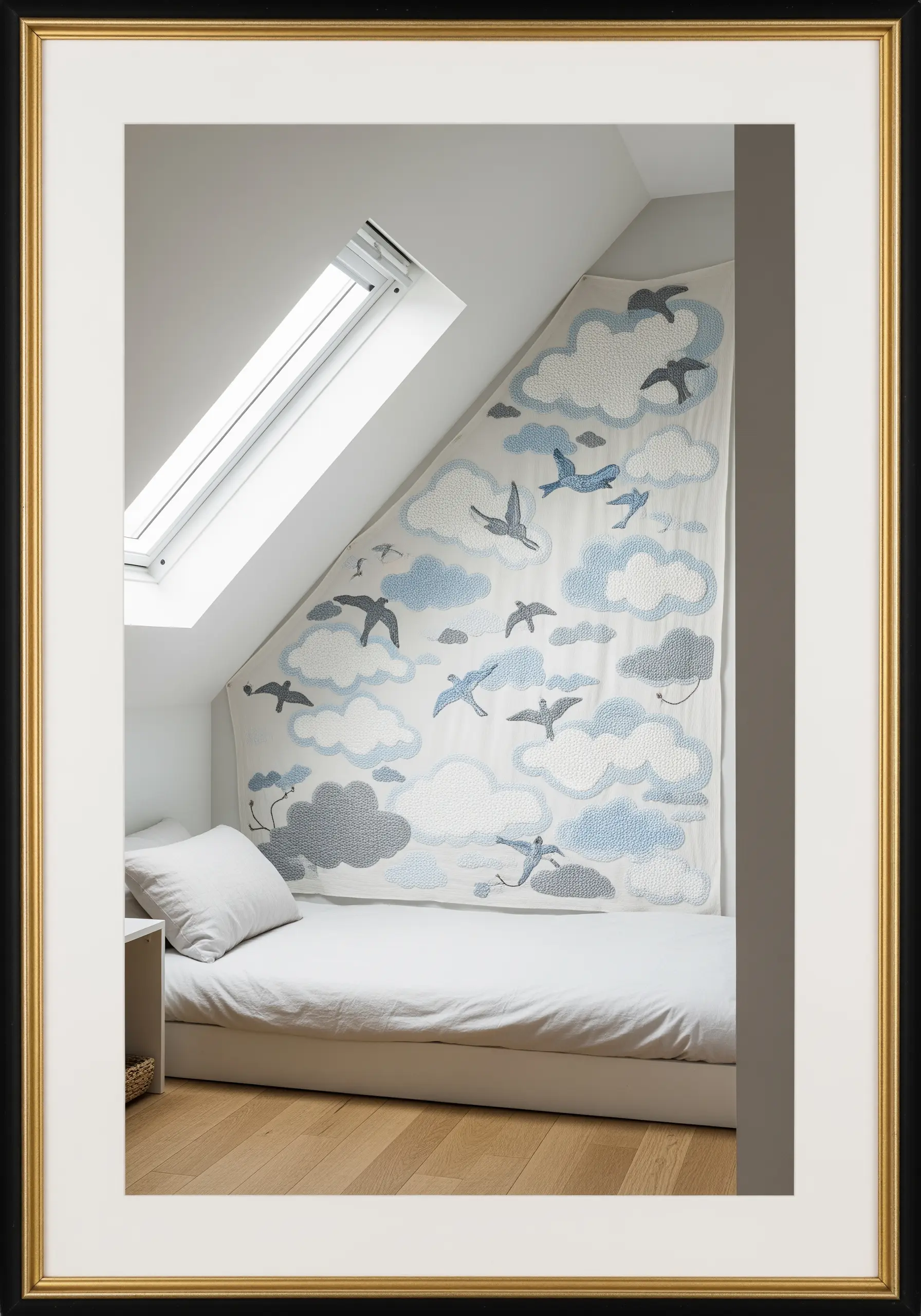 An embroidered wall tapestry of clouds and birds, custom-fit to an angled attic wall.
