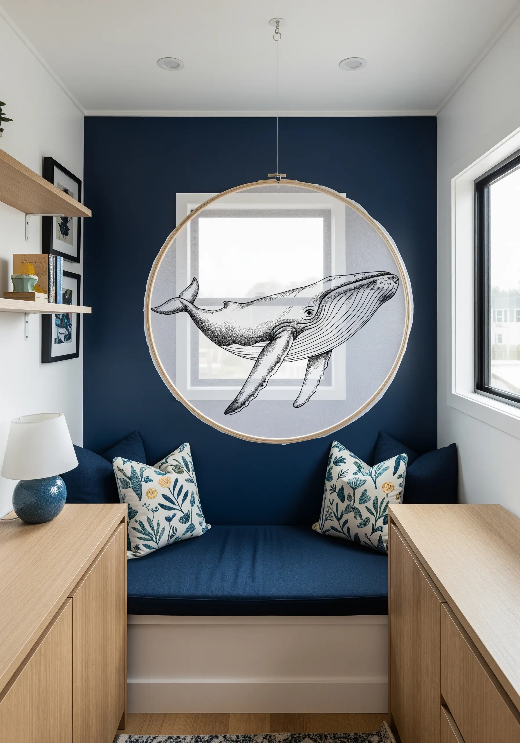 A large embroidery of a whale stitched on sheer fabric, hanging in a window of a cozy reading nook.