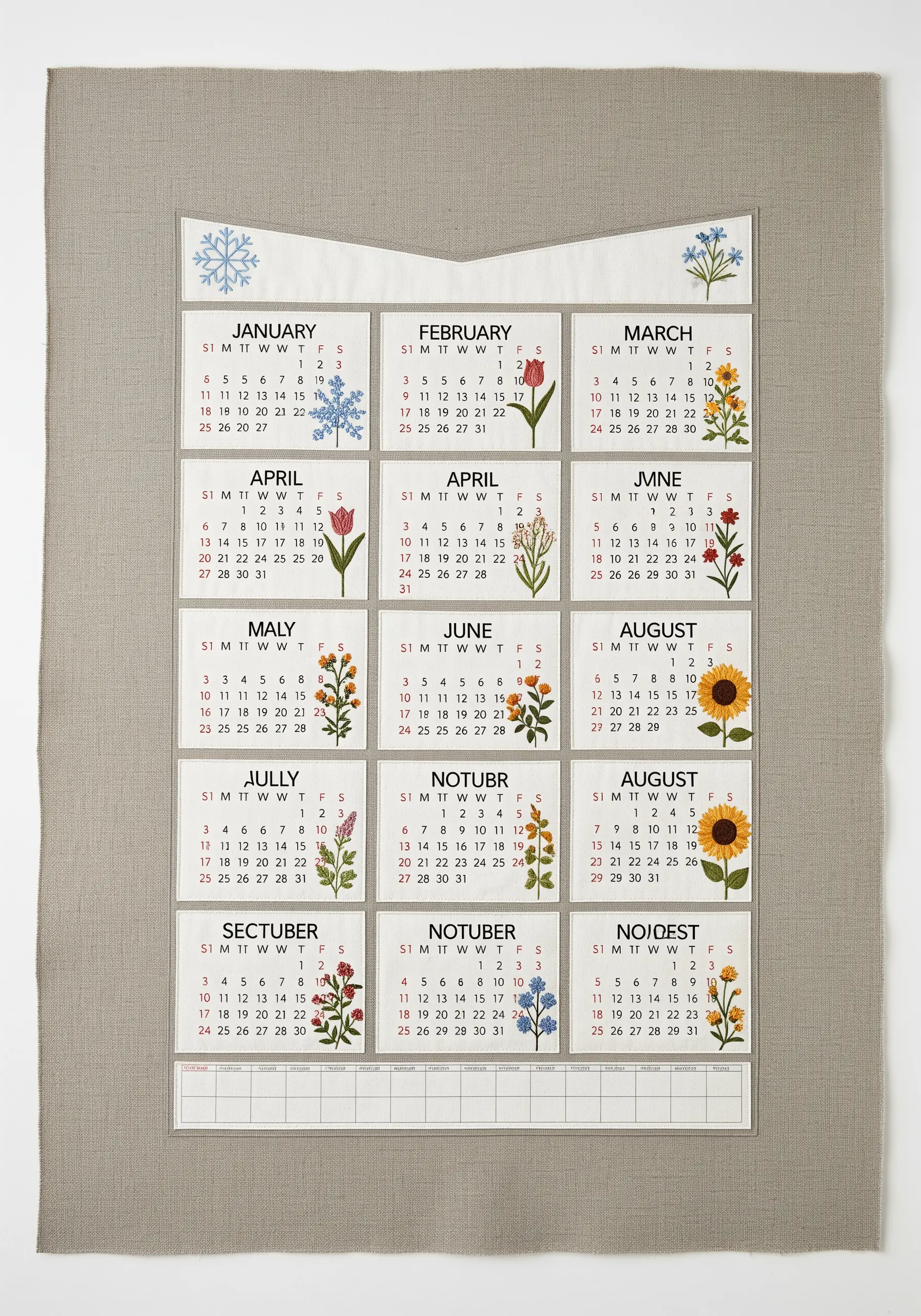 A fabric wall calendar with each month featuring a small, unique embroidered botanical illustration.