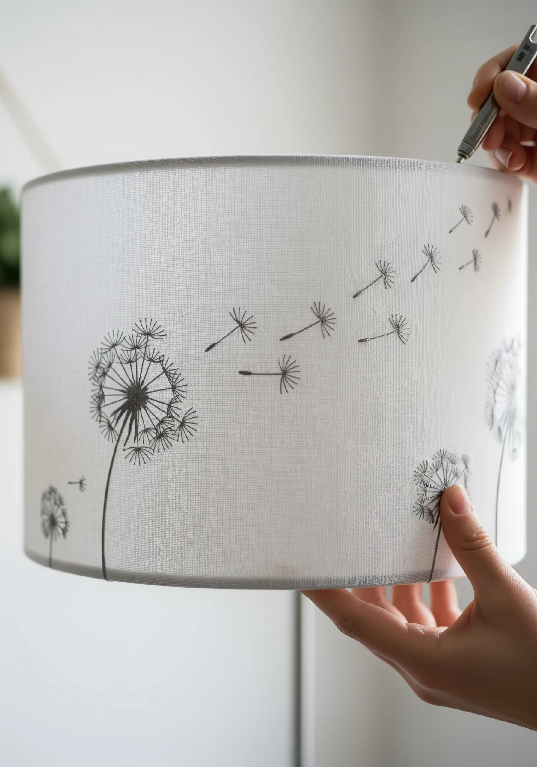 A dandelion pattern being drawn or stitched onto a fabric lampshade.