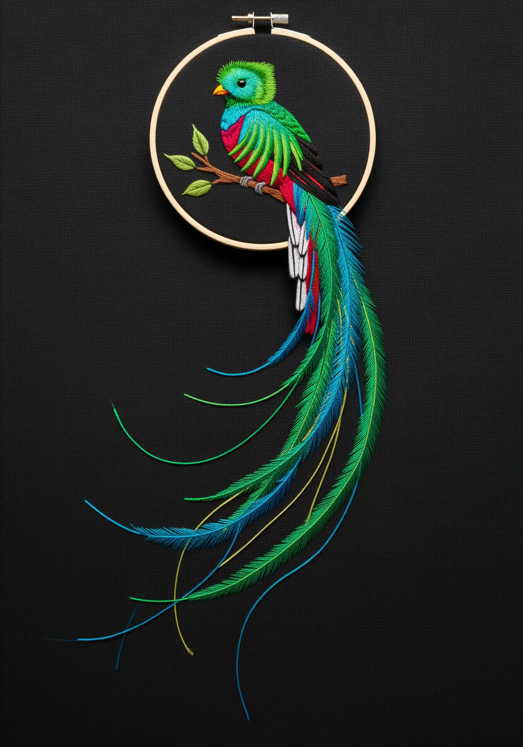An embroidered quetzal with extremely long tail feathers trailing off the fabric.
