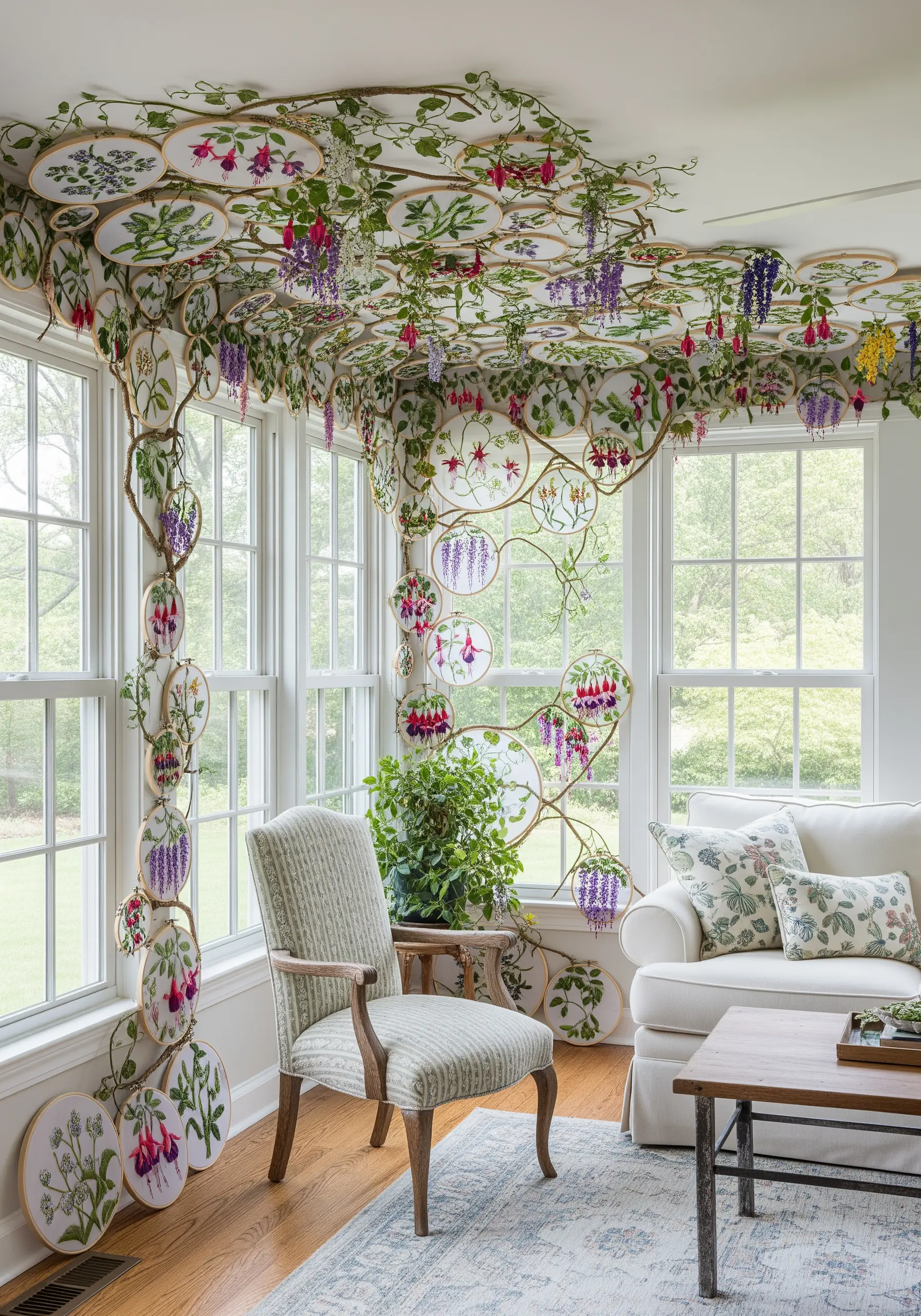 A sunroom with embroidery hoops covering the ceiling and walls, creating a hanging garden effect.