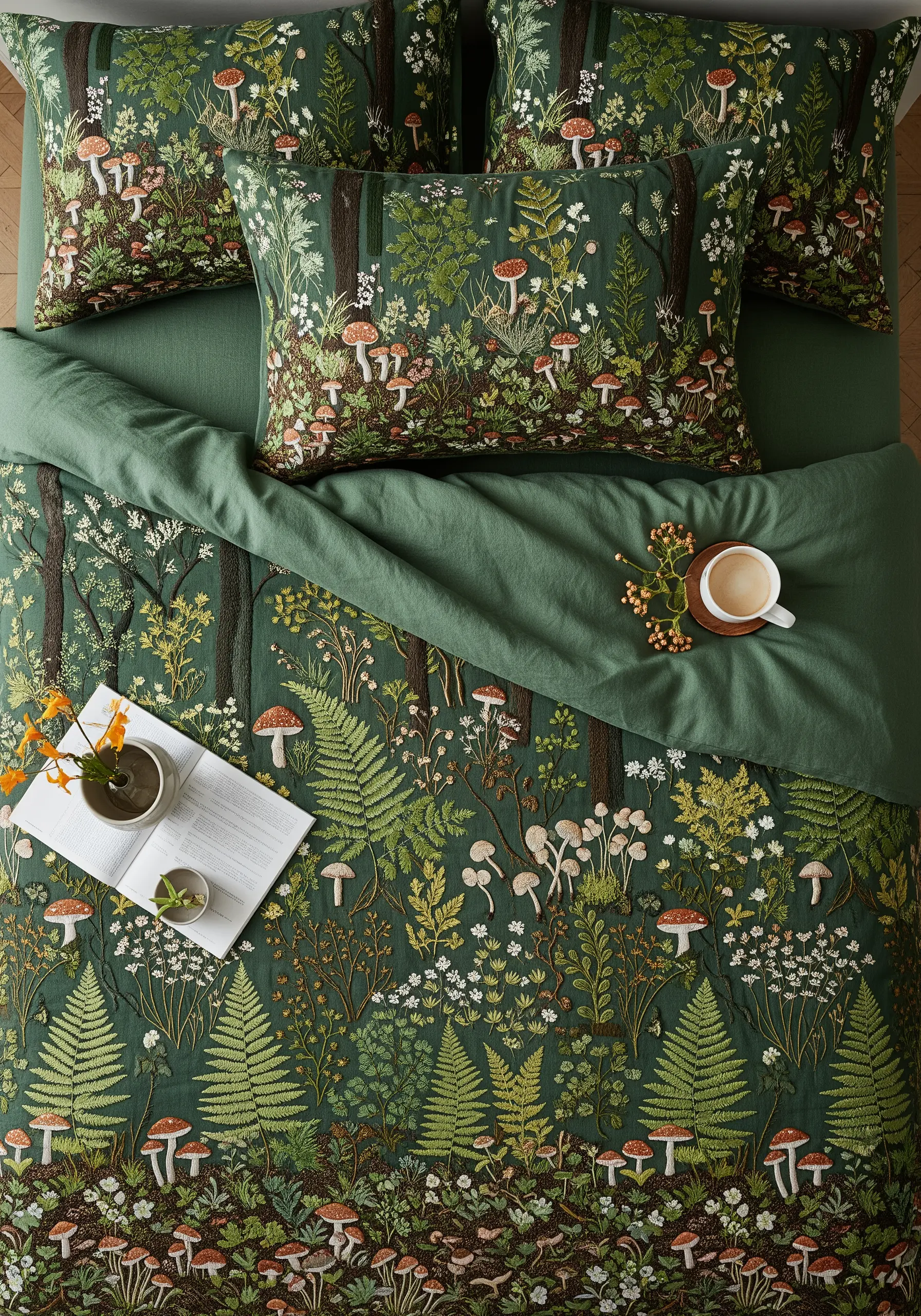 A dark green duvet cover and pillows heavily embroidered with a forest floor scene of ferns and mushrooms.