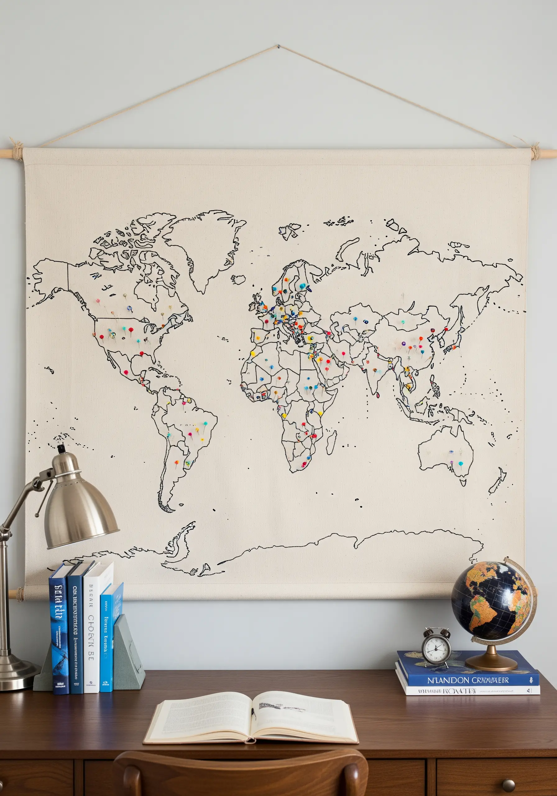 A large canvas wall hanging of a world map with colorful stitches marking locations.