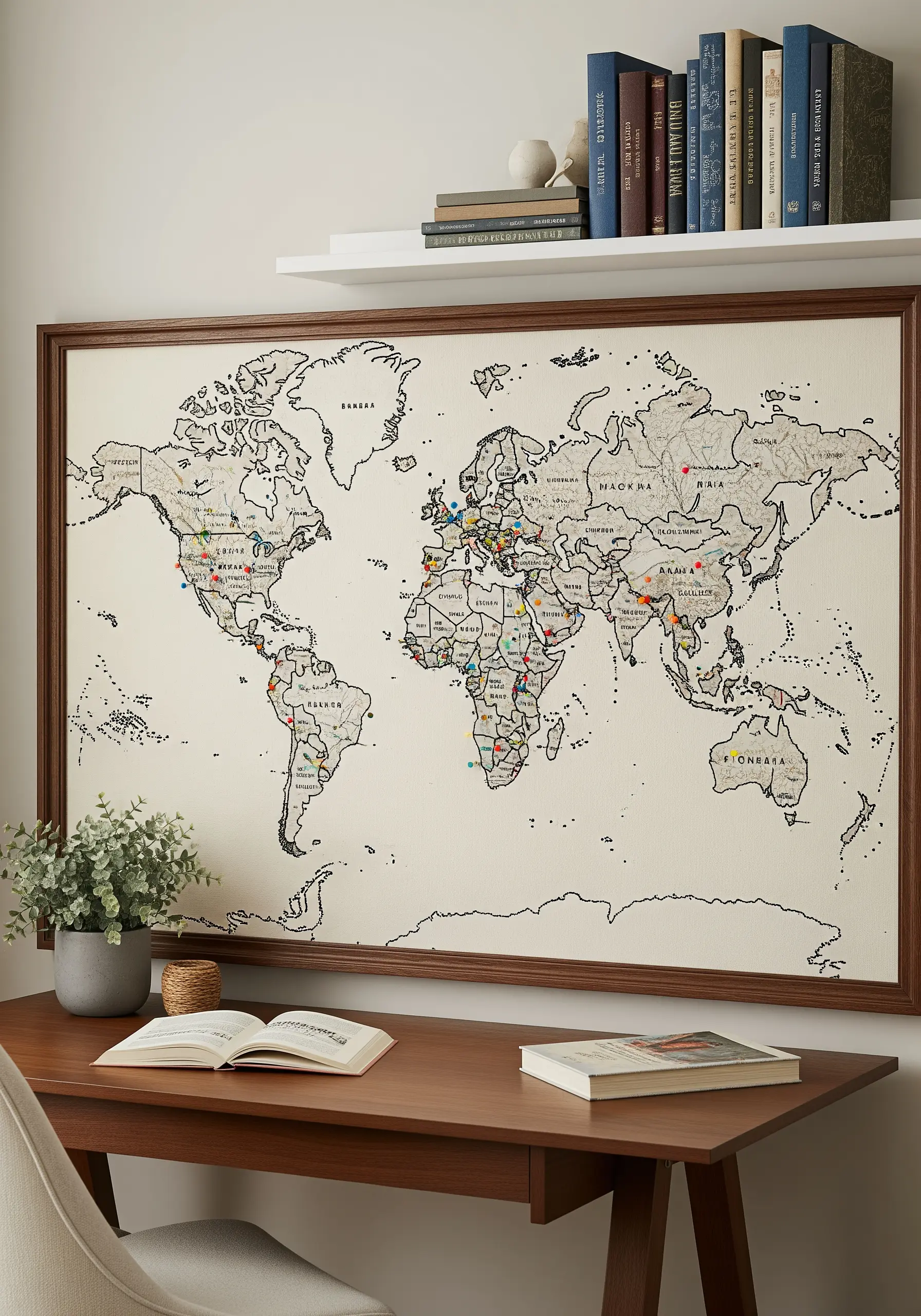 A large framed world map embroidered on canvas with pins marking different locations.