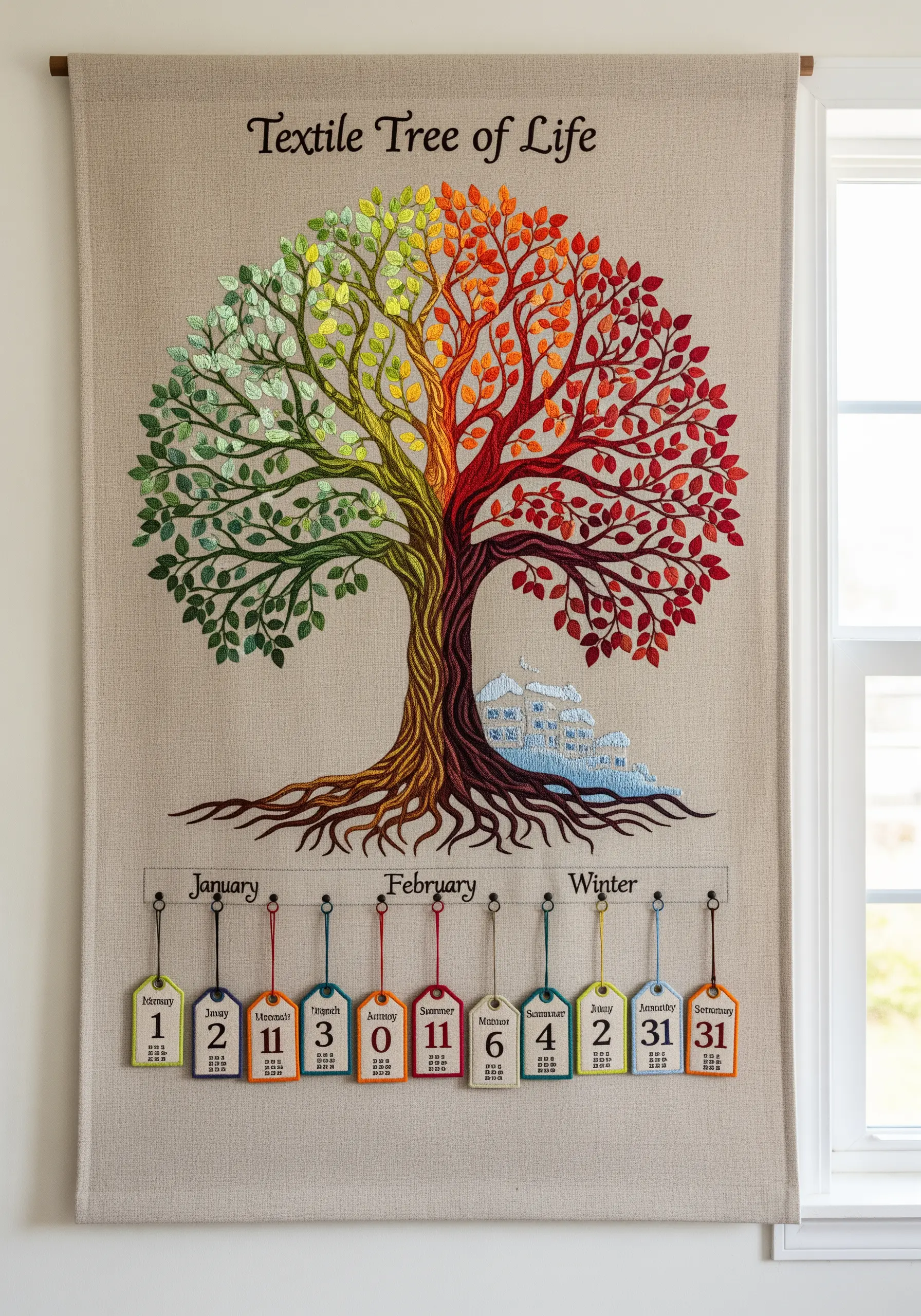 A large embroidered wall hanging of a 'Tree of Life' with four seasons and detachable calendar tags.